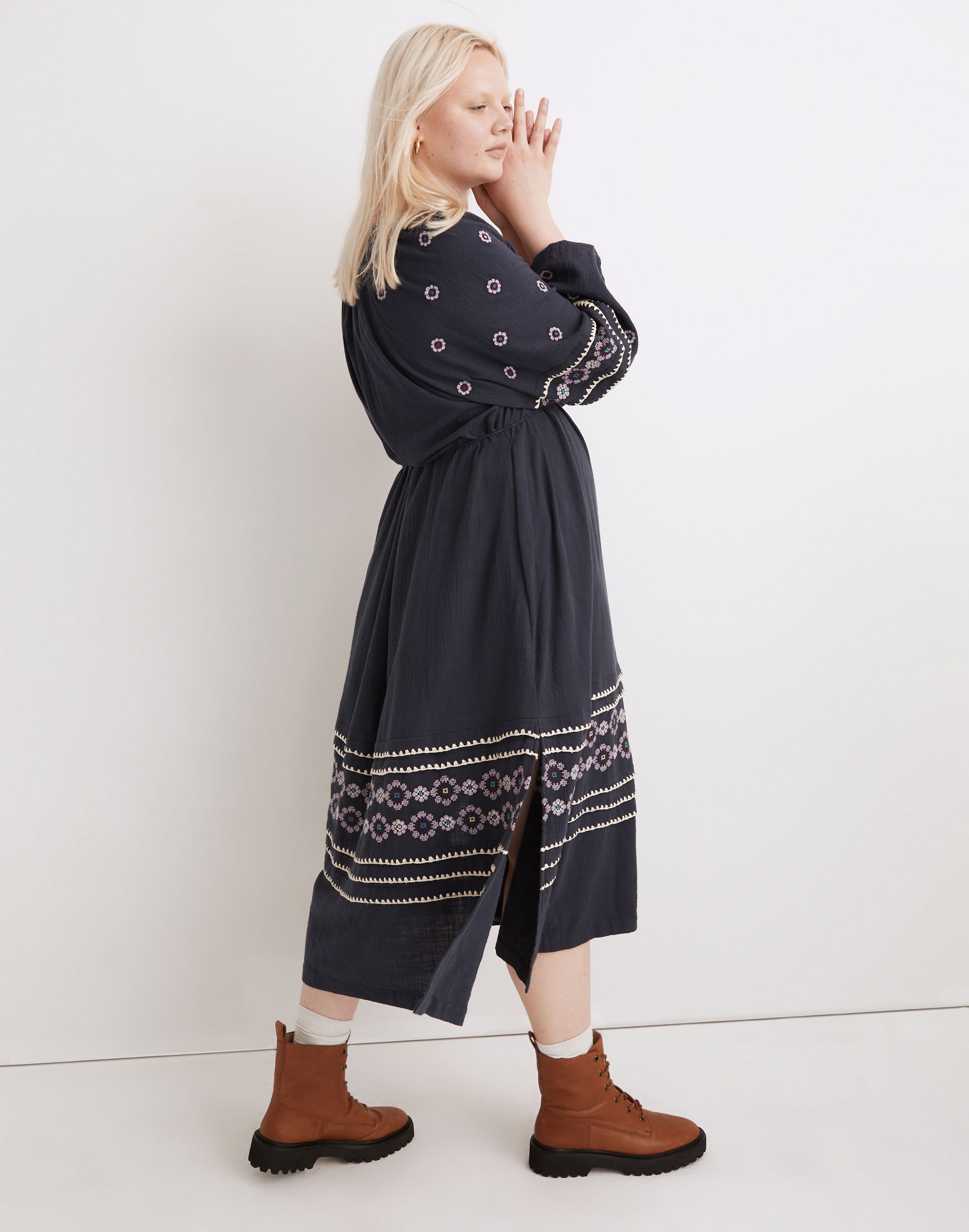 Embroidered Neck-Tie Midi Dress
