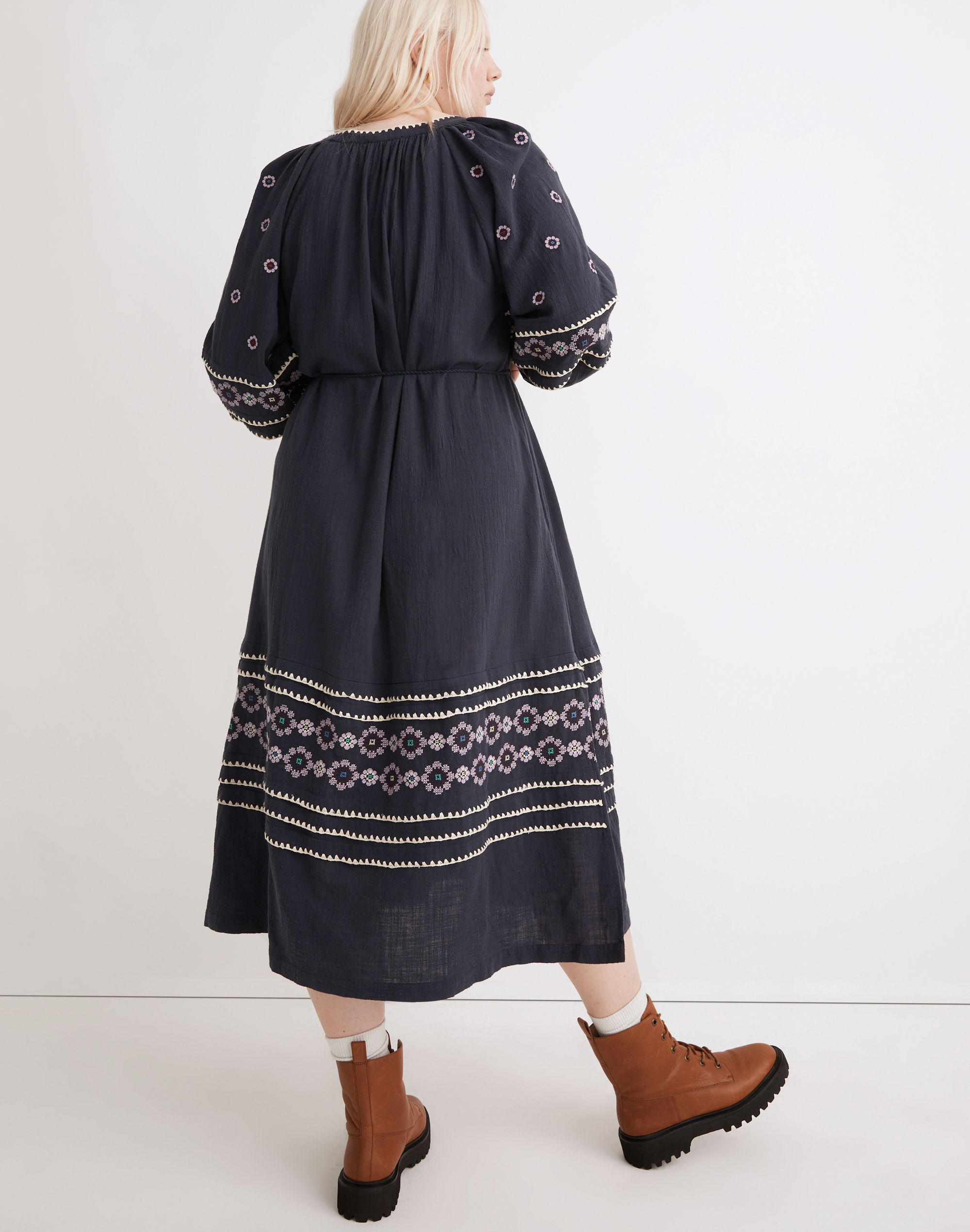 Embroidered Neck-Tie Midi Dress