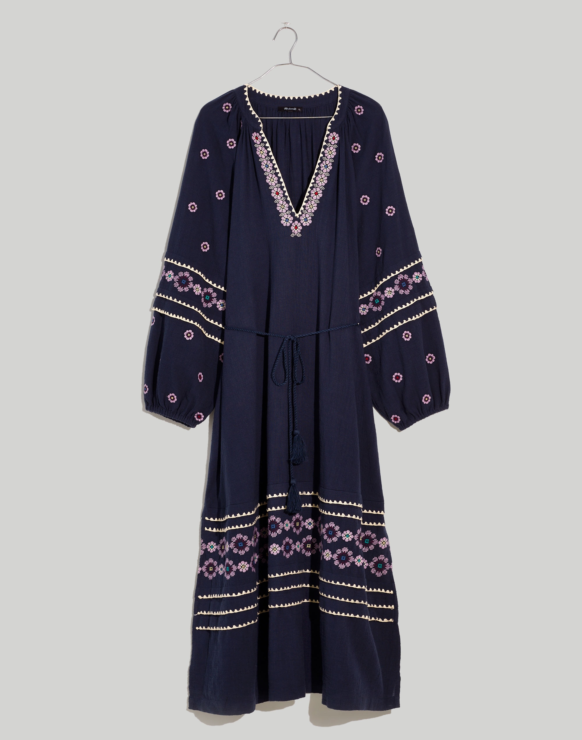 Embroidered Neck-Tie Midi Dress