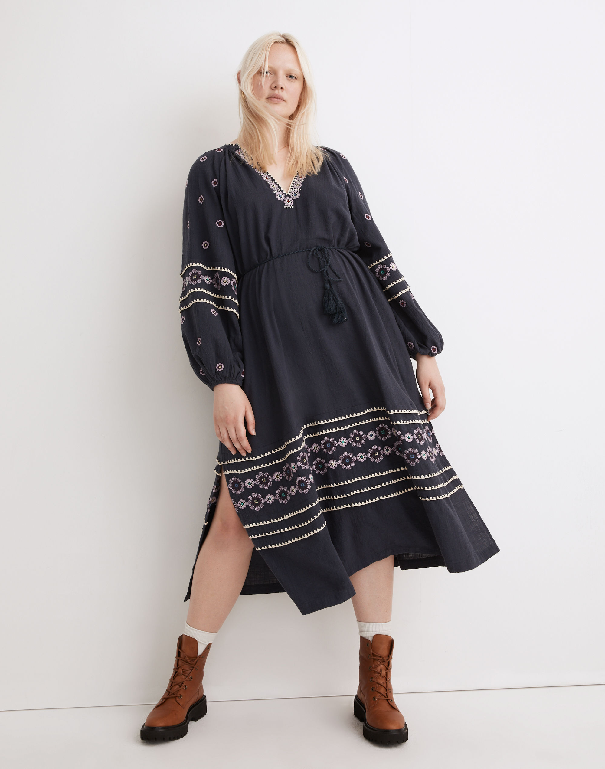 Embroidered Neck-Tie Midi Dress