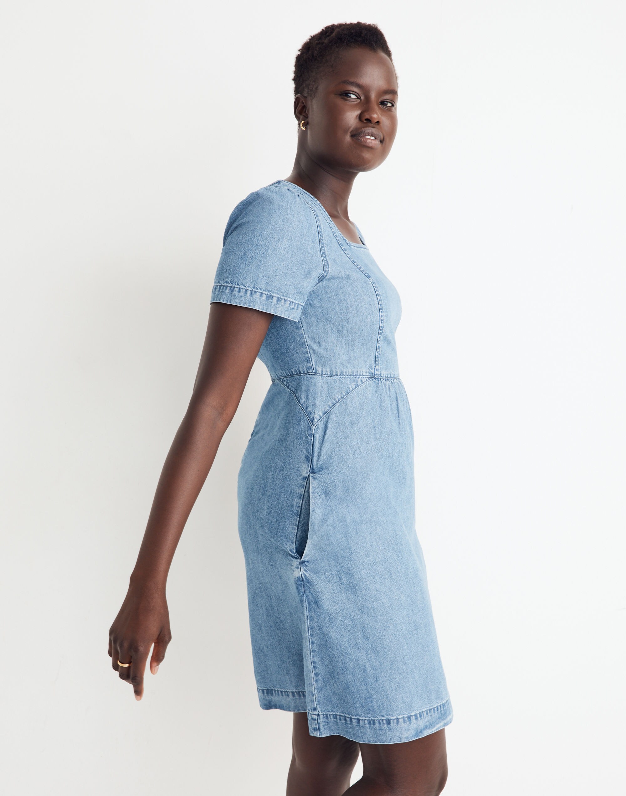 Denim Flutter-Sleeve Midi Dress in Amberley Wash