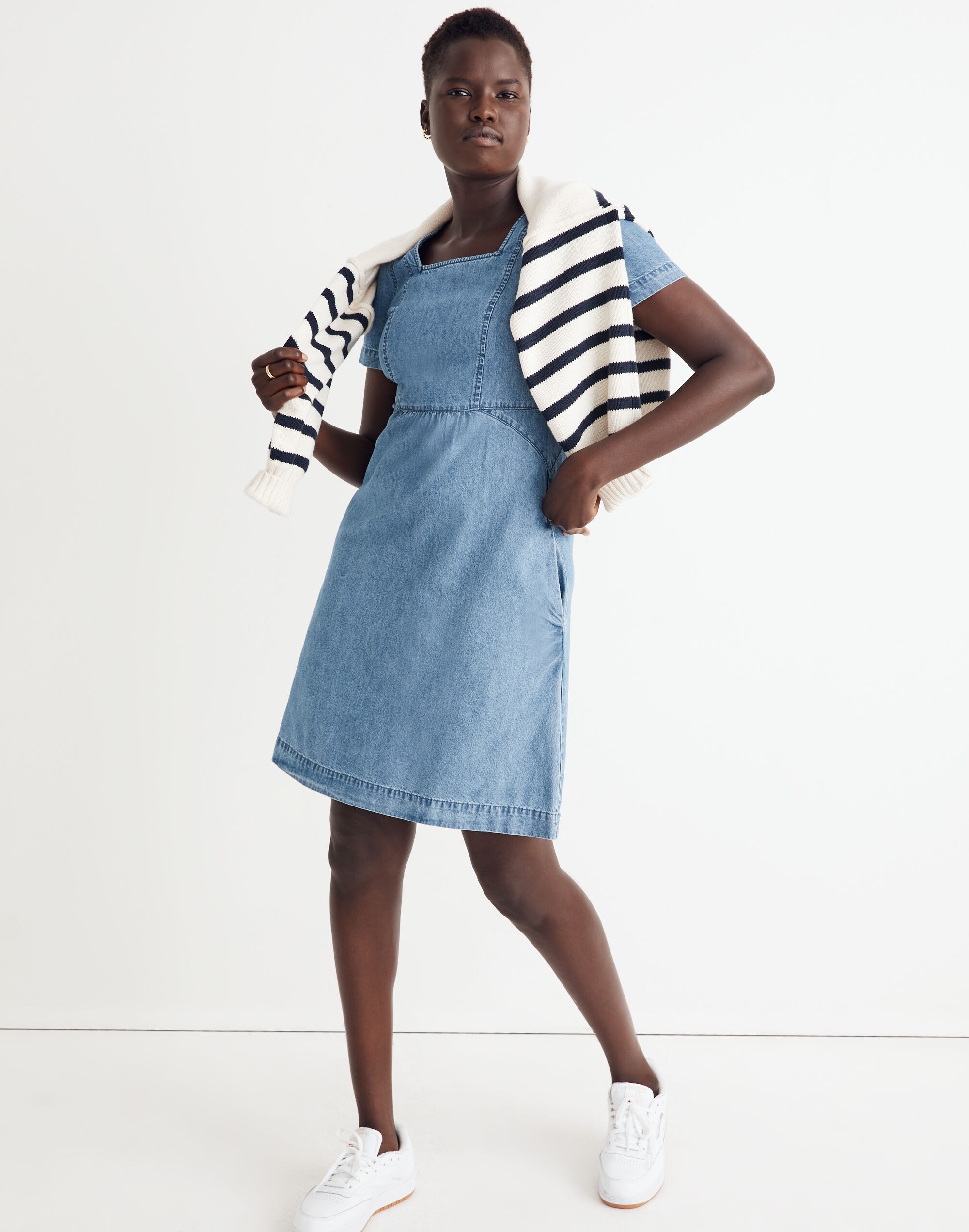 Denim Flutter-Sleeve Midi Dress in Amberley Wash