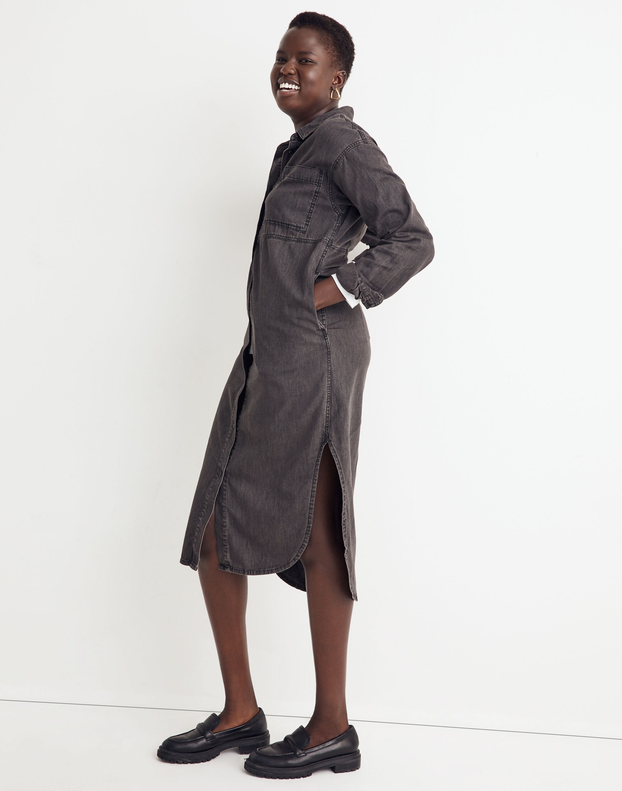 Denim Button-Front Midi Shirtdress in Lunar Wash