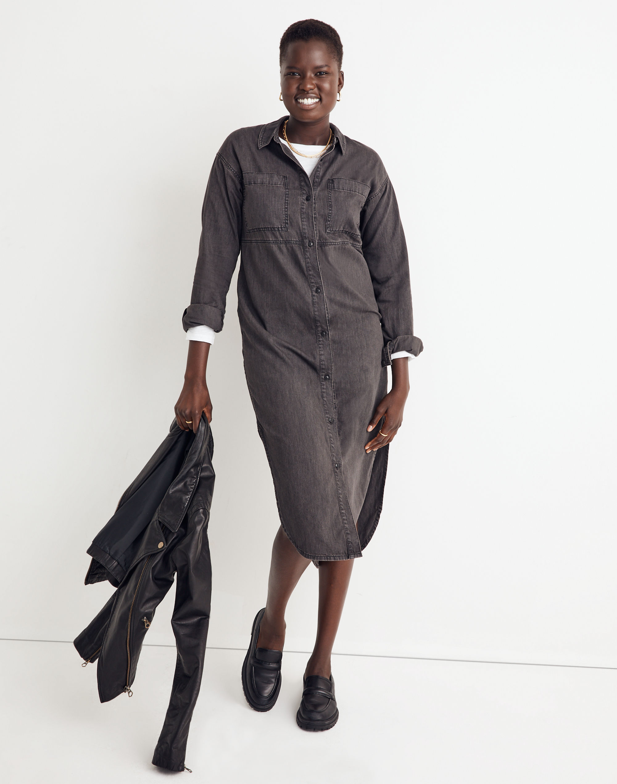 Denim Button-Front Midi Shirtdress in Lunar Wash