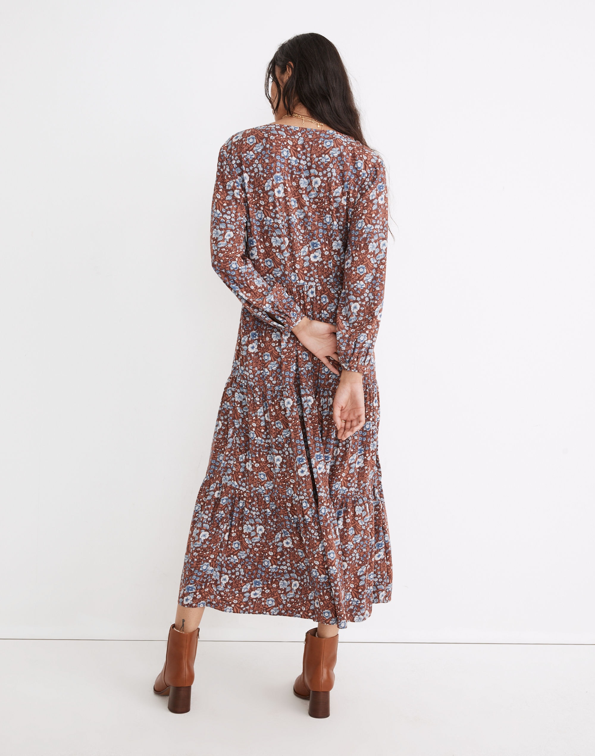 Challis Wrap Midi Dress in Woodland Floral in dark merlot image 3