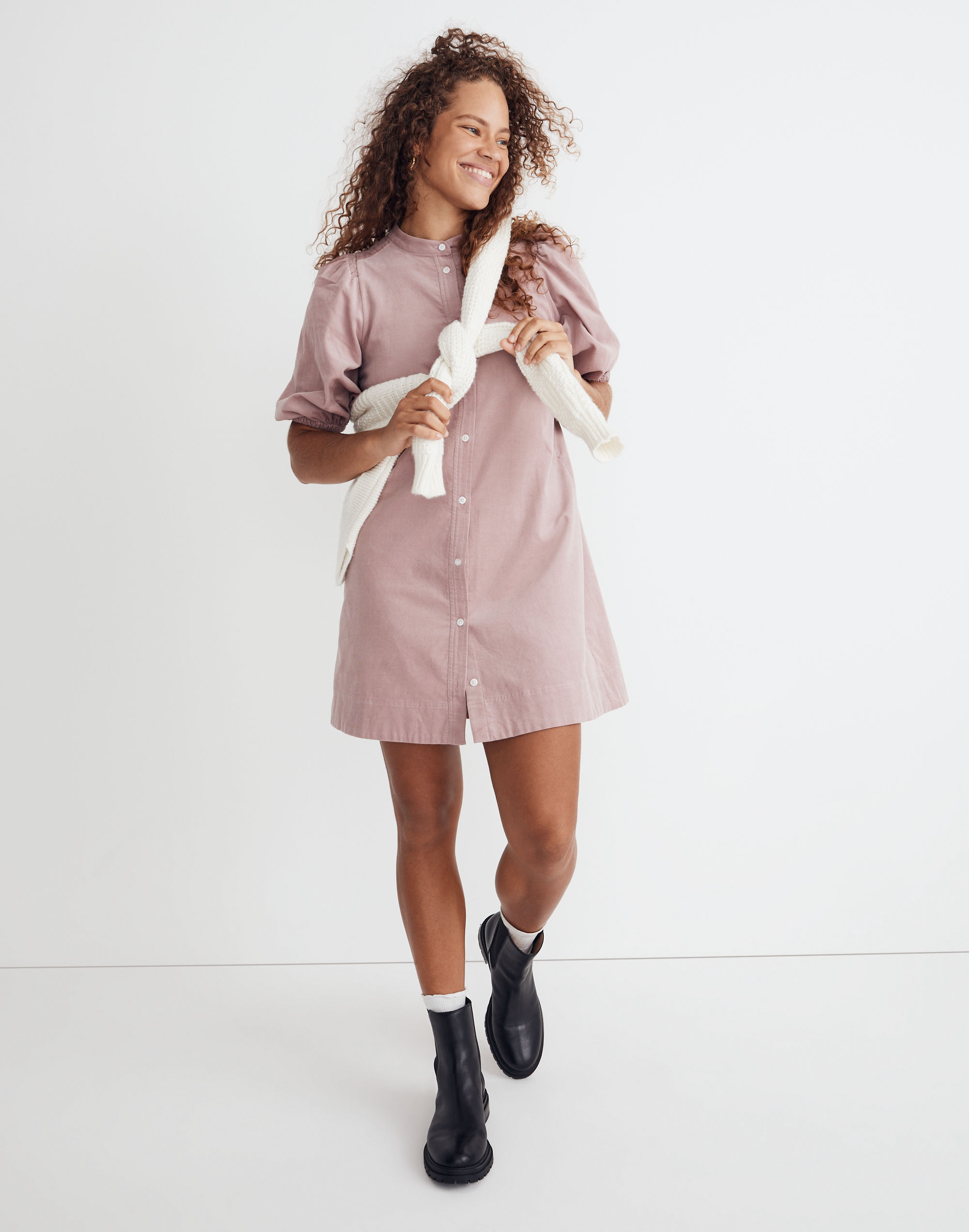 corduroy puff-sleeve mini dress