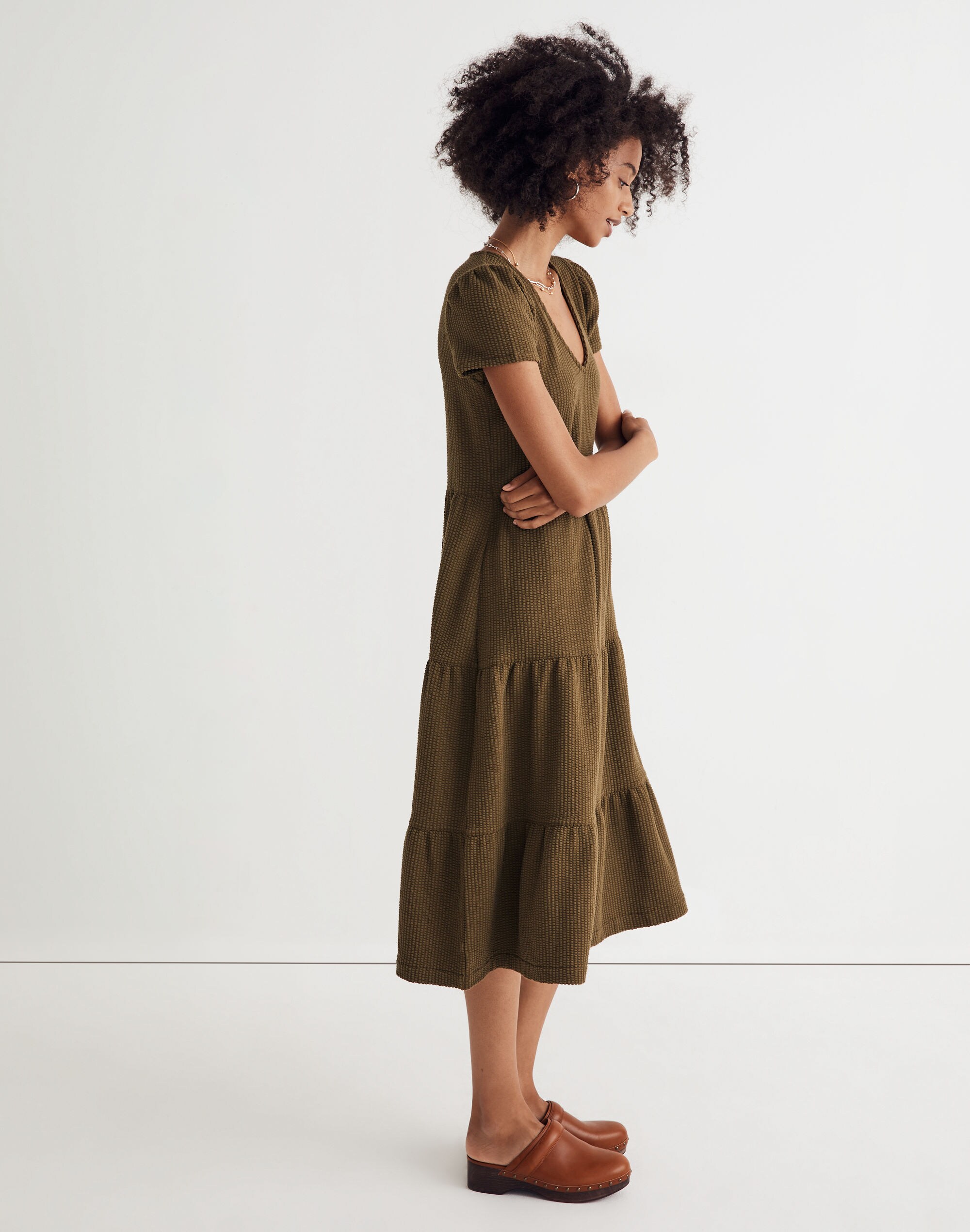 Seersucker V-Neck Midi Dress