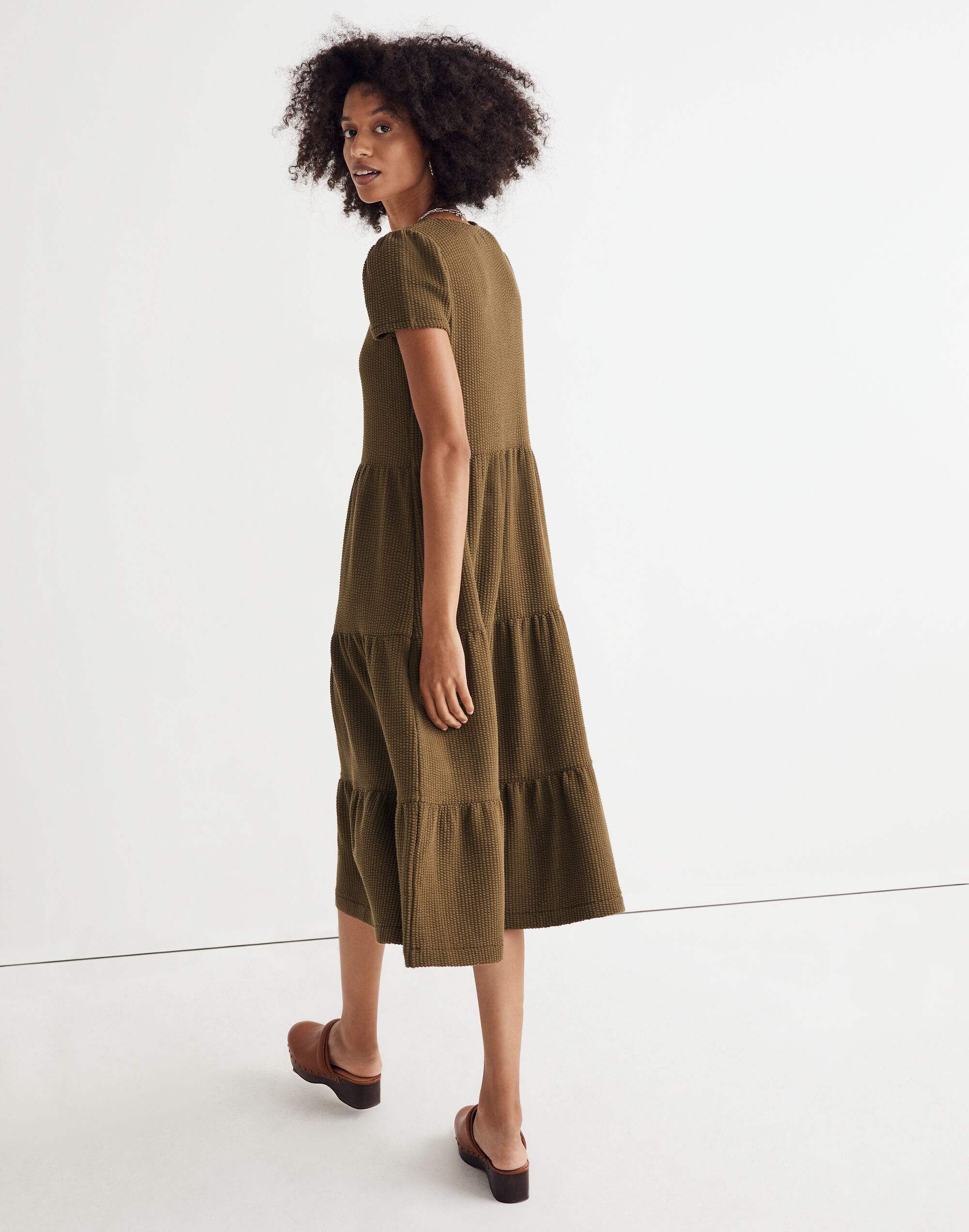 Seersucker V-Neck Midi Dress
