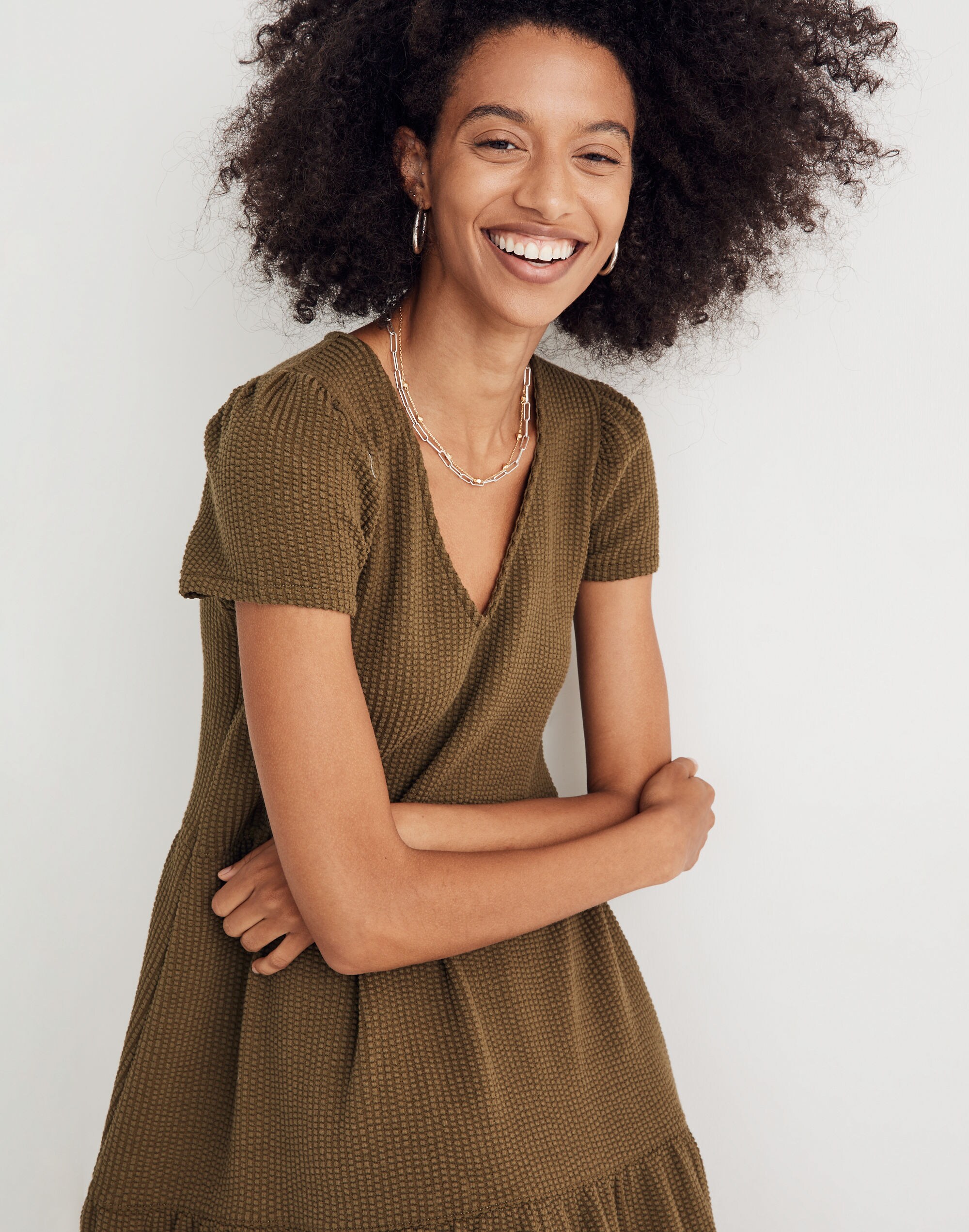 Seersucker V-Neck Midi Dress