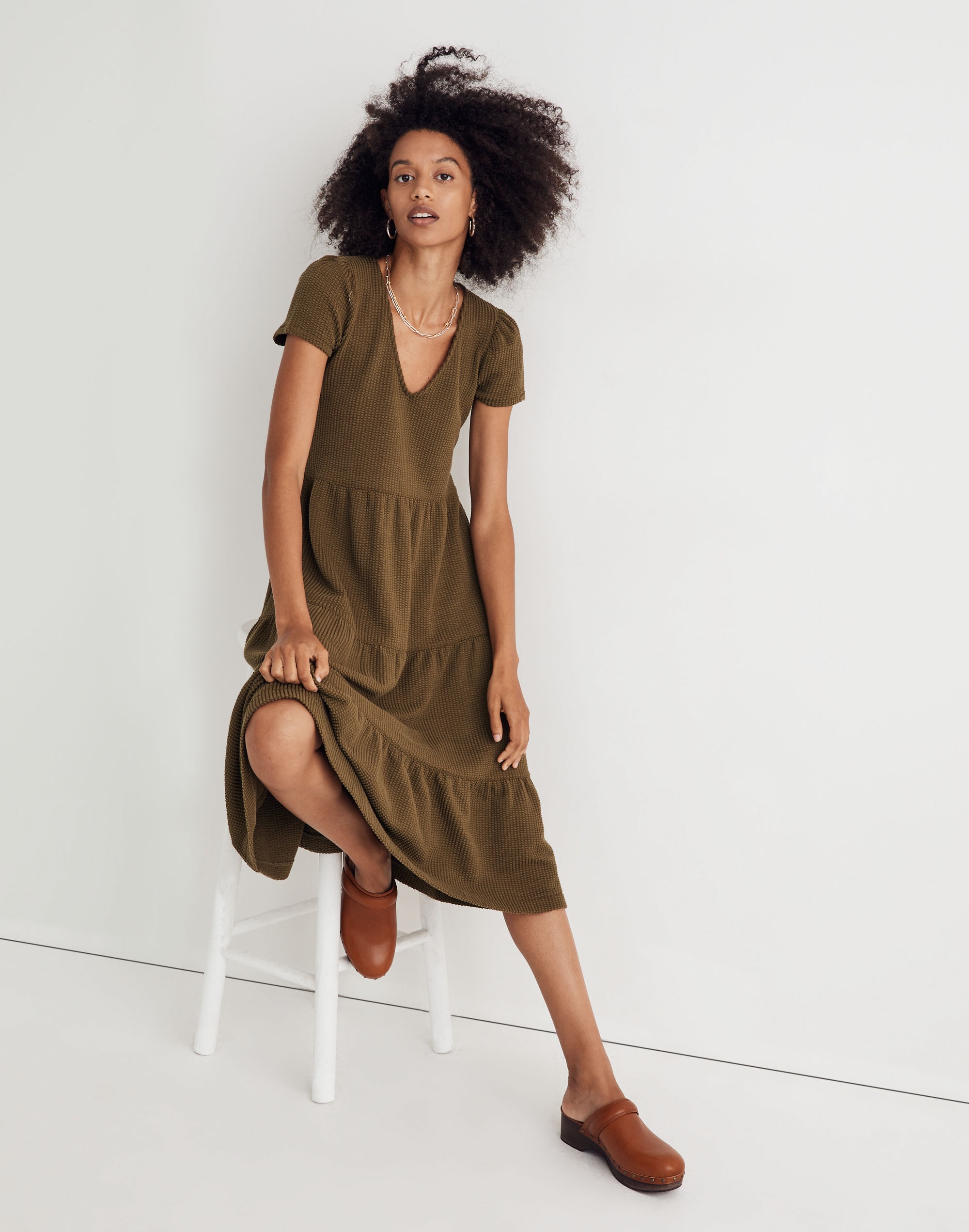 seersucker v-neck midi dress