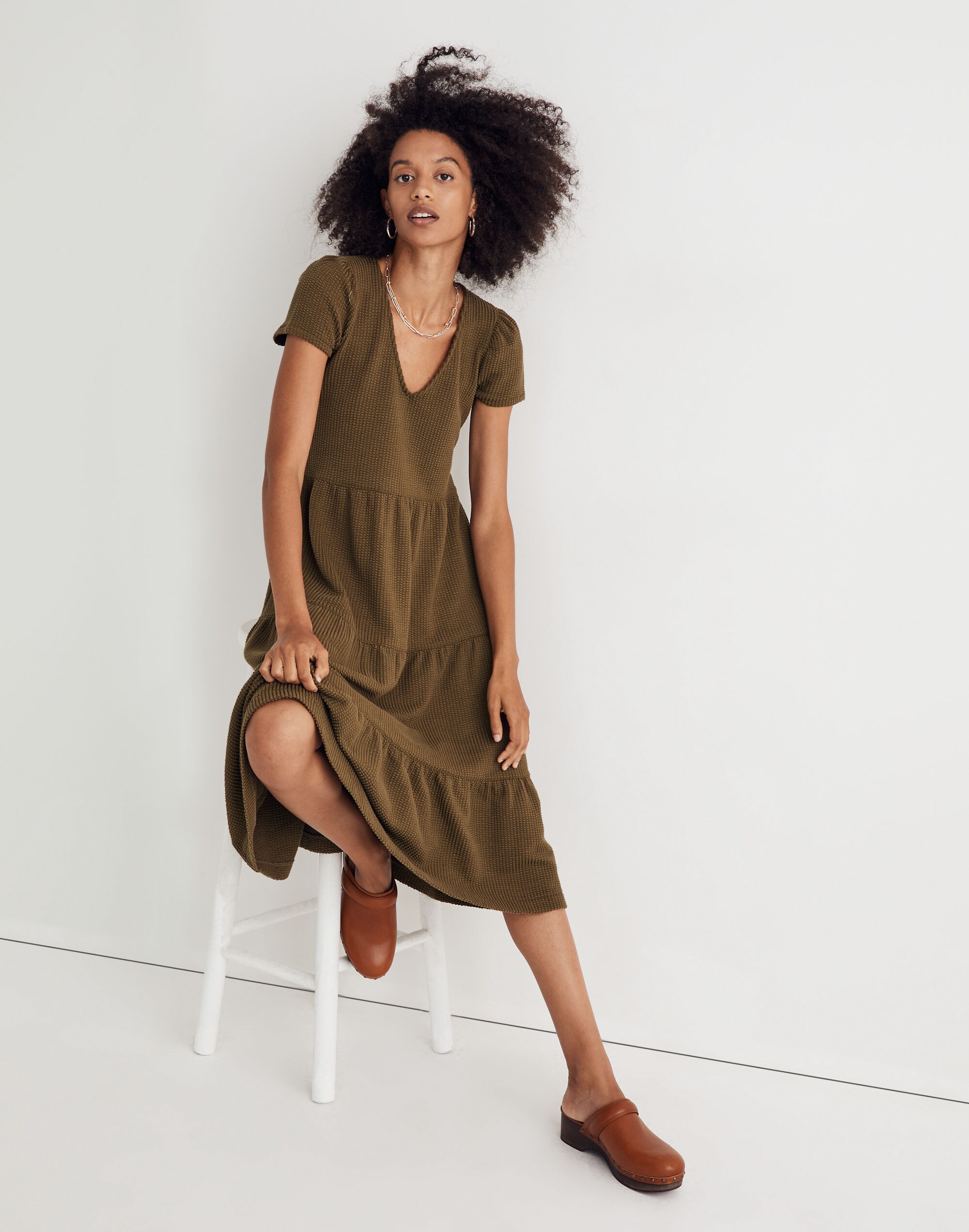 Seersucker V-Neck Midi Dress