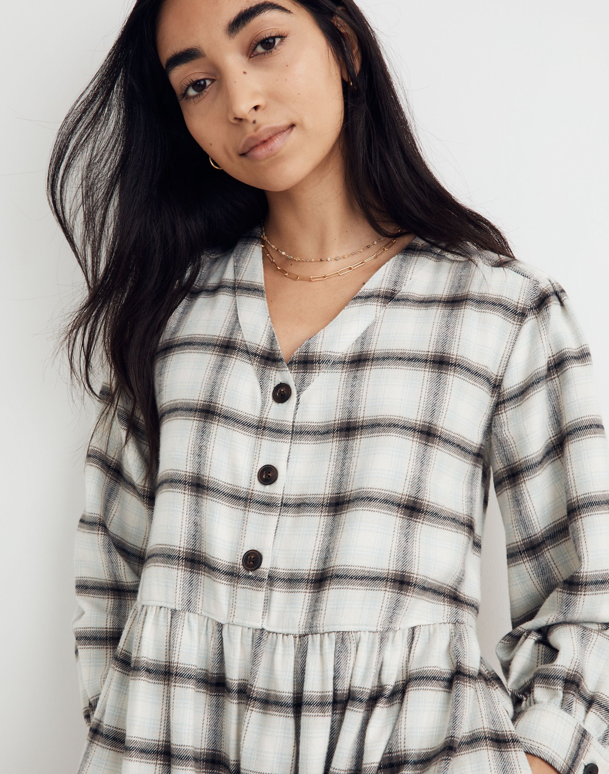 Flannel Button-Front Midi Dress