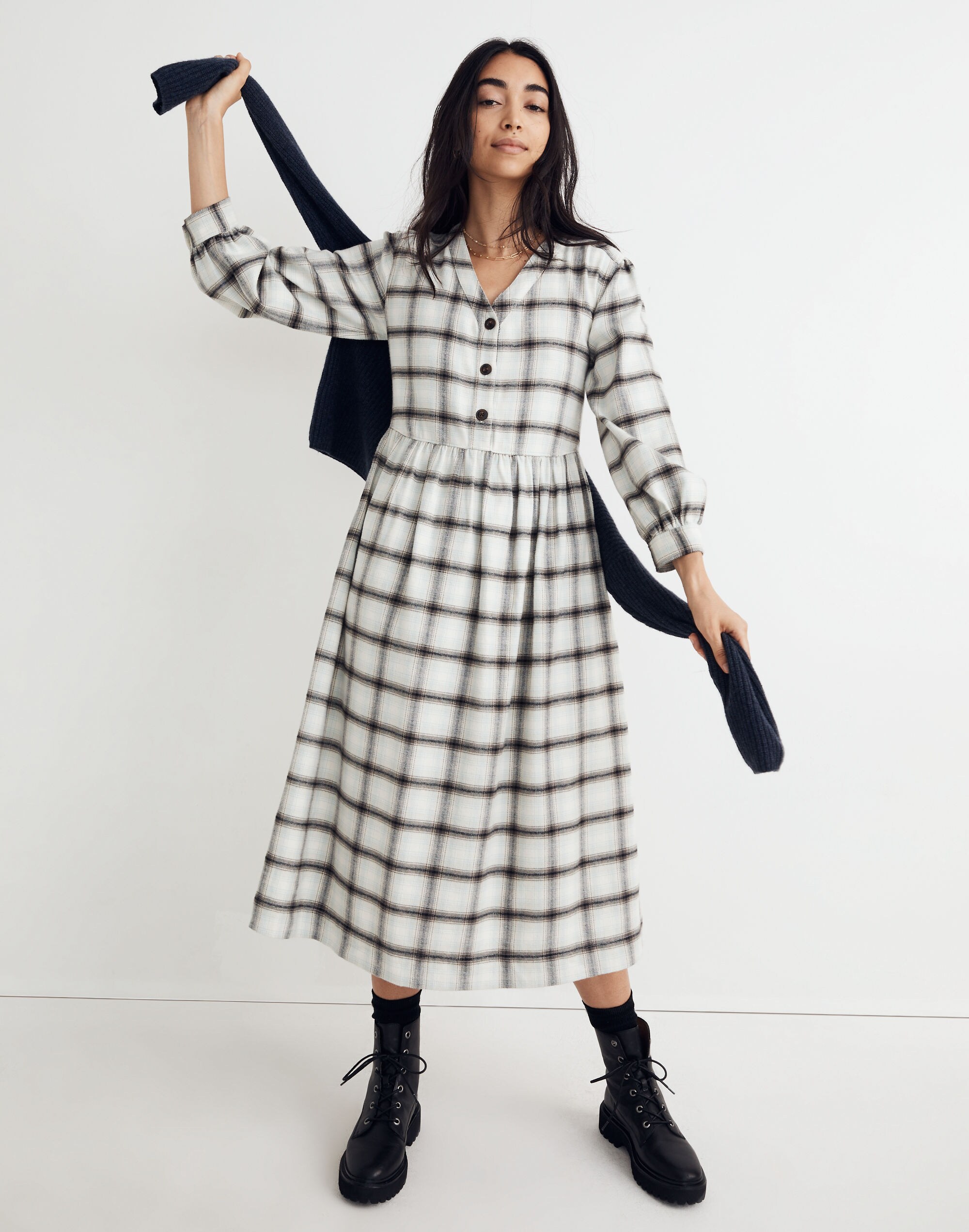 Flannel Button-Front Midi Dress