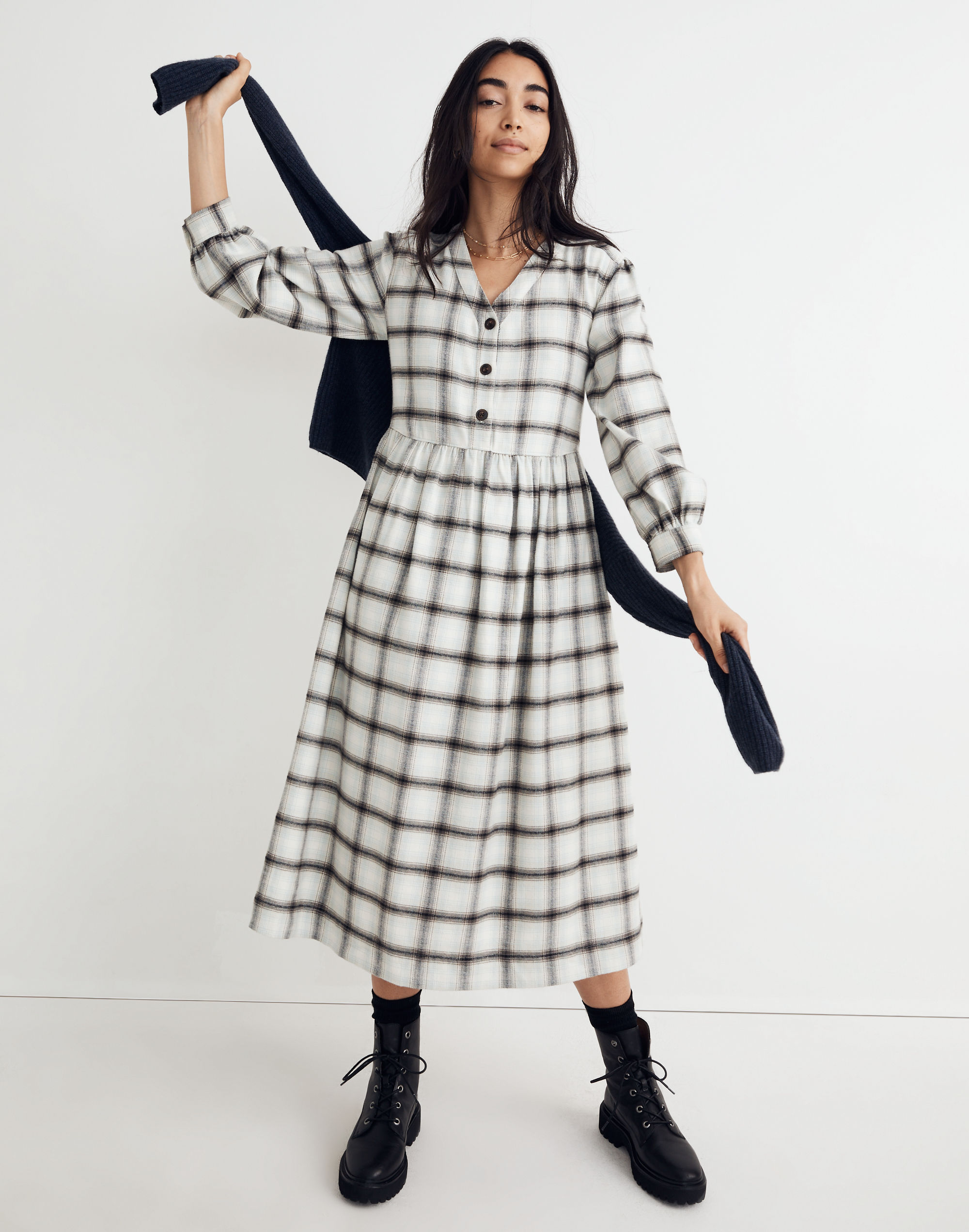Flannel Button-Front Midi Dress