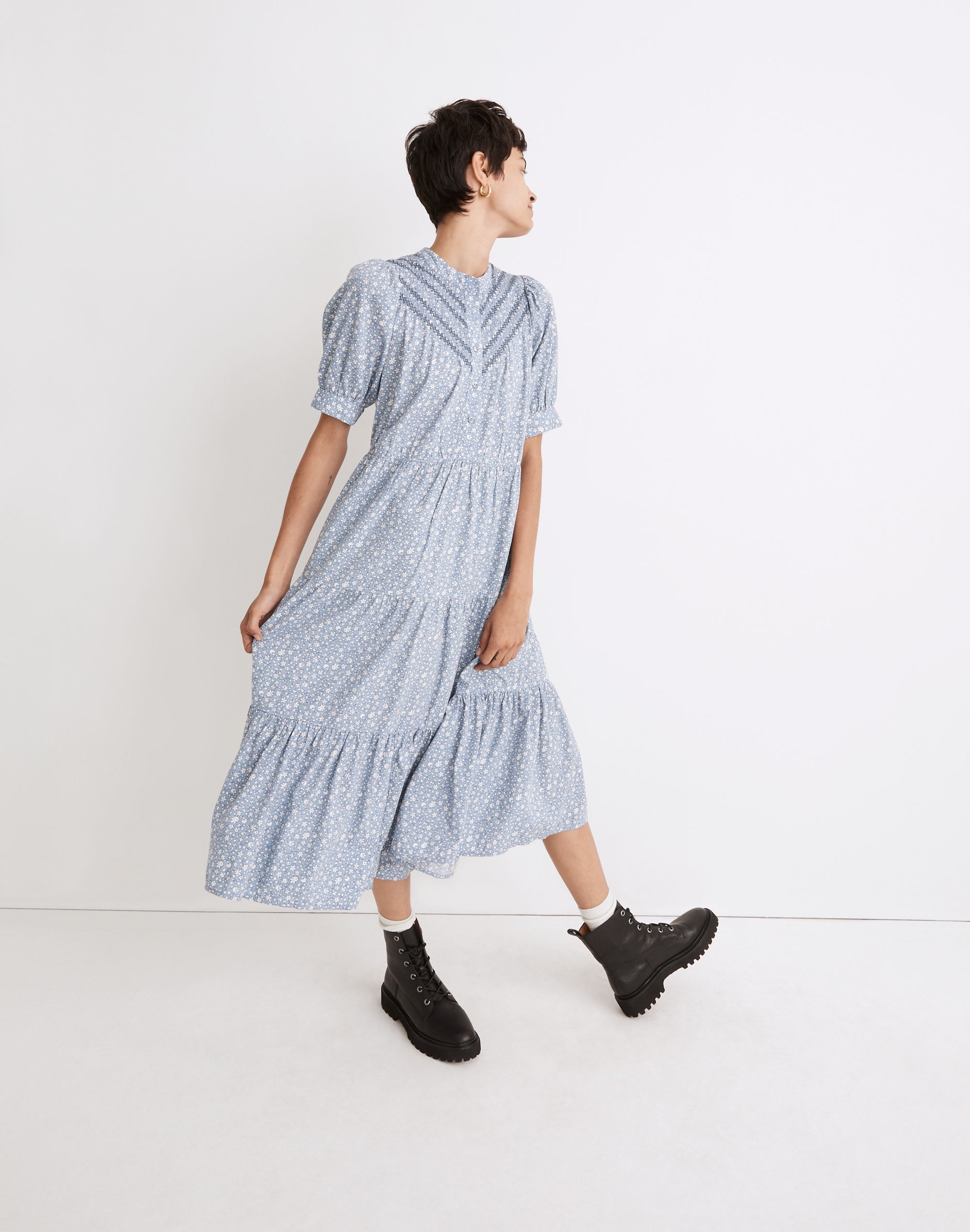 Embroidered Puff-Sleeve Midi Dress in Cottage Garden