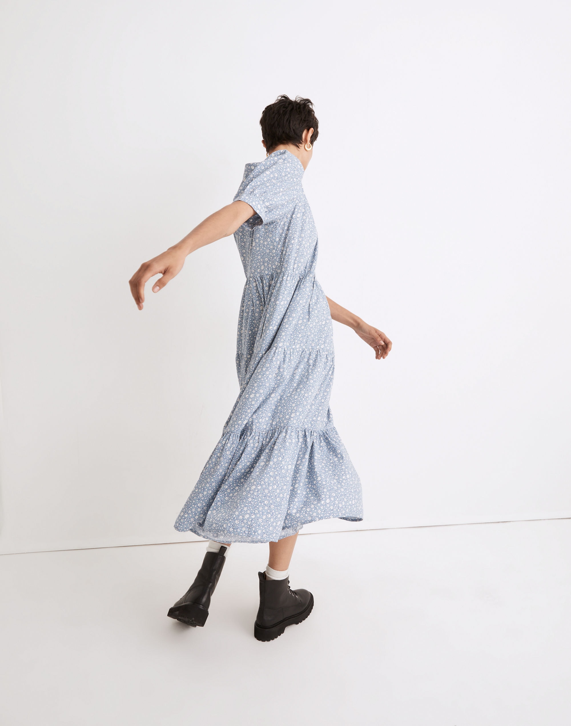 Embroidered Puff-Sleeve Midi Dress in Cottage Garden