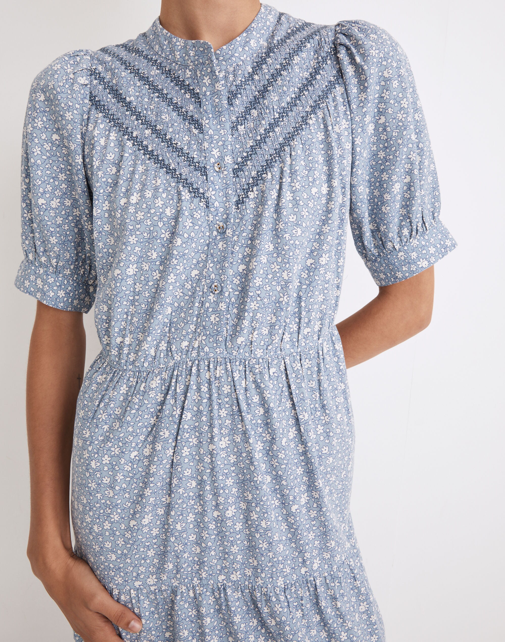 Embroidered Puff-Sleeve Midi Dress in Cottage Garden