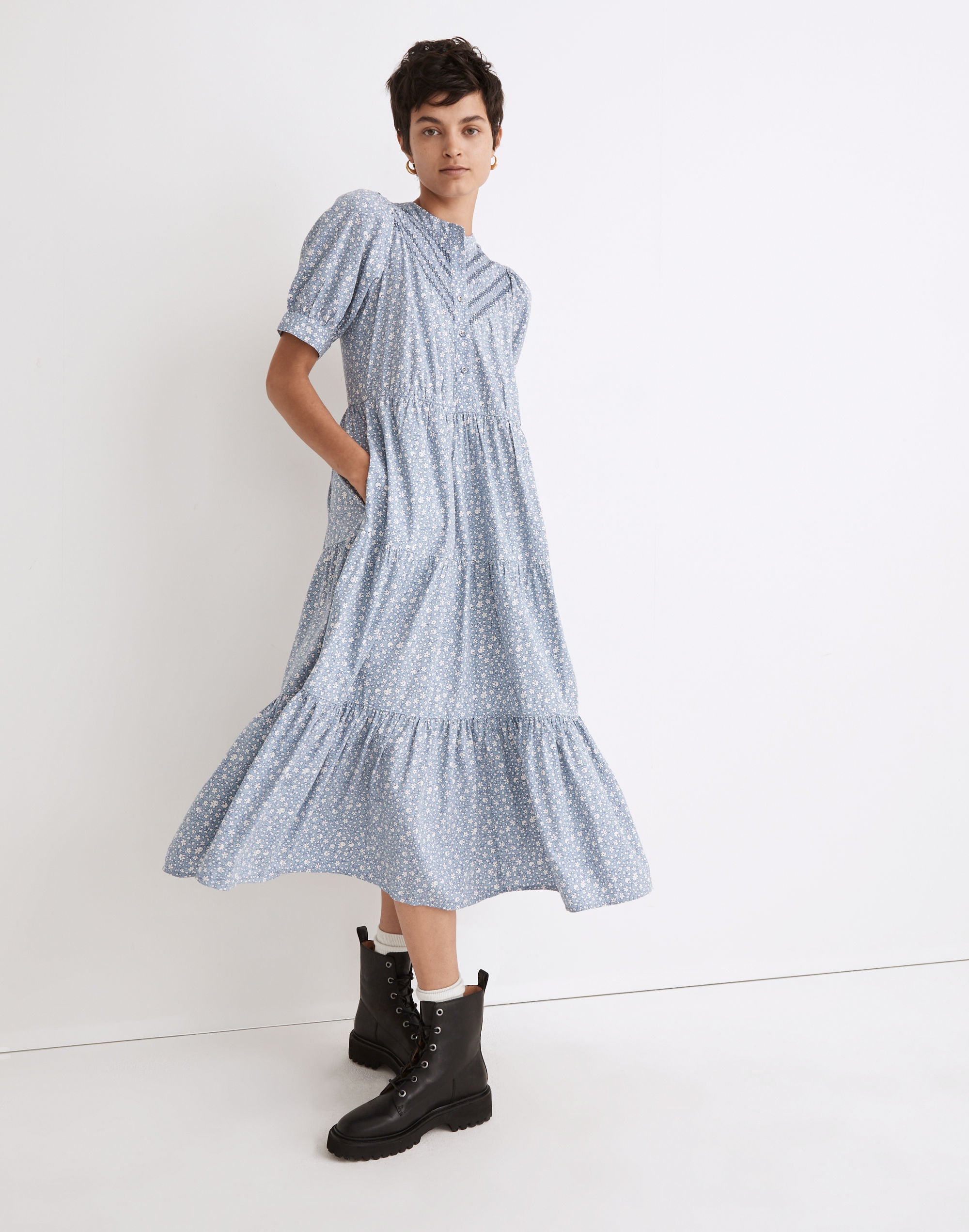 Embroidered Puff-Sleeve Midi Dress in Cottage Garden