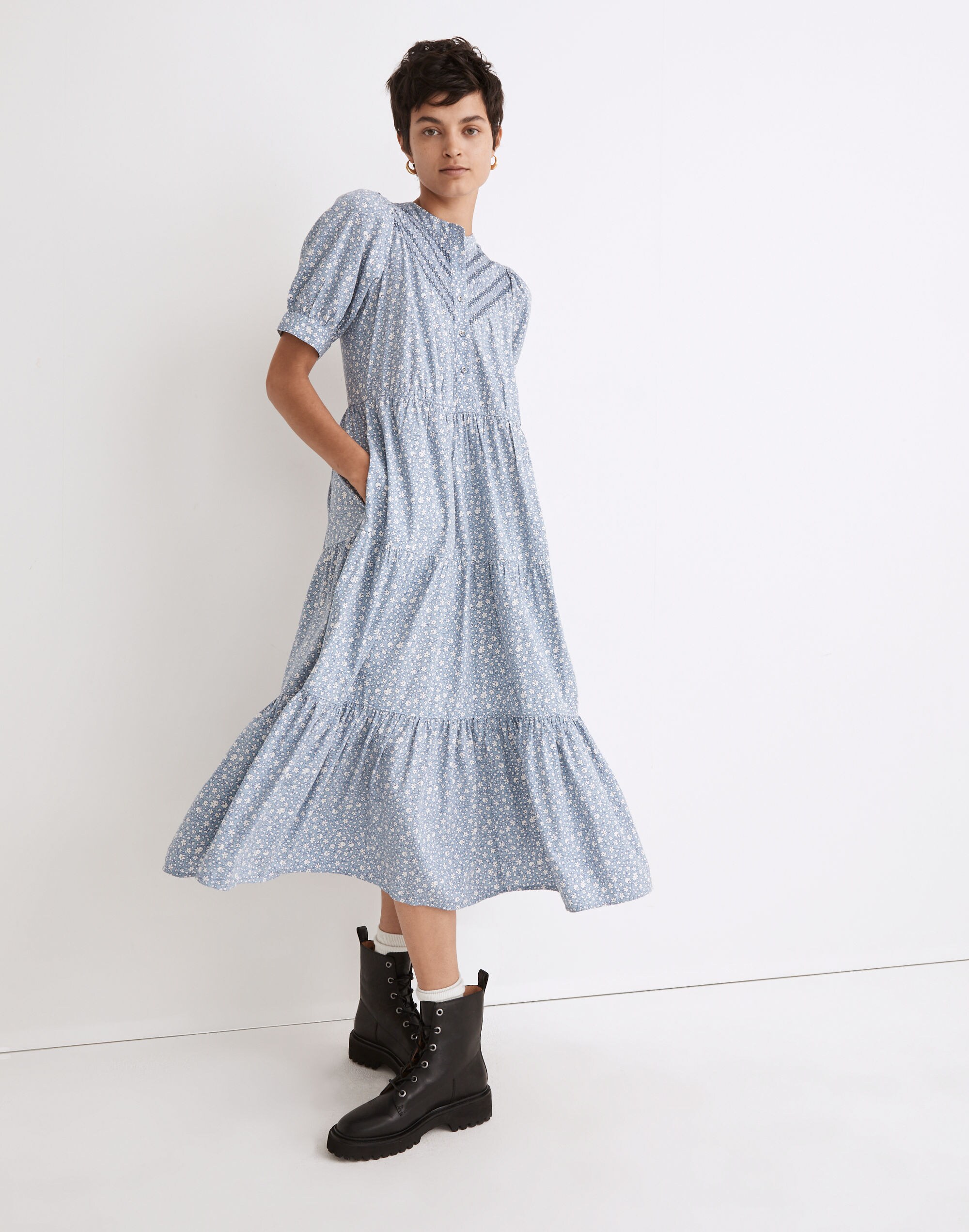 Embroidered Puff-Sleeve Midi Dress in Cottage Garden