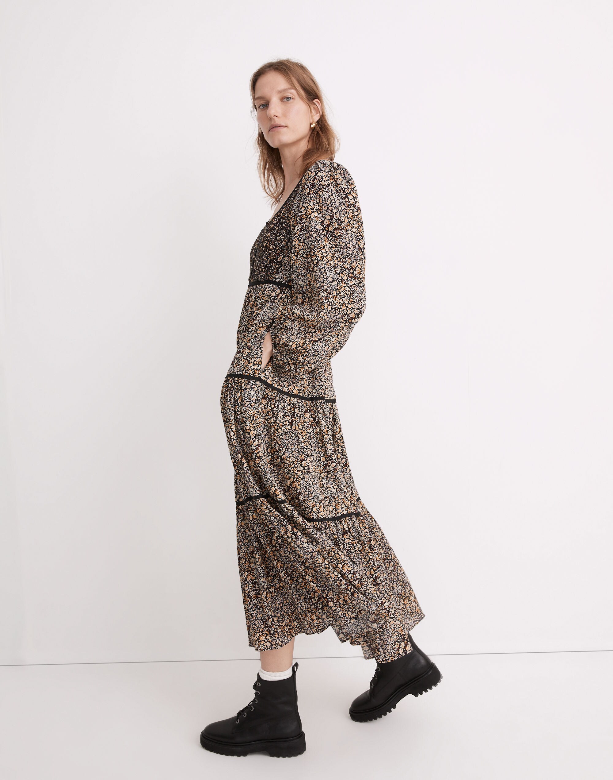 Embroidered Tiered Midi Dress in Cottage Garden