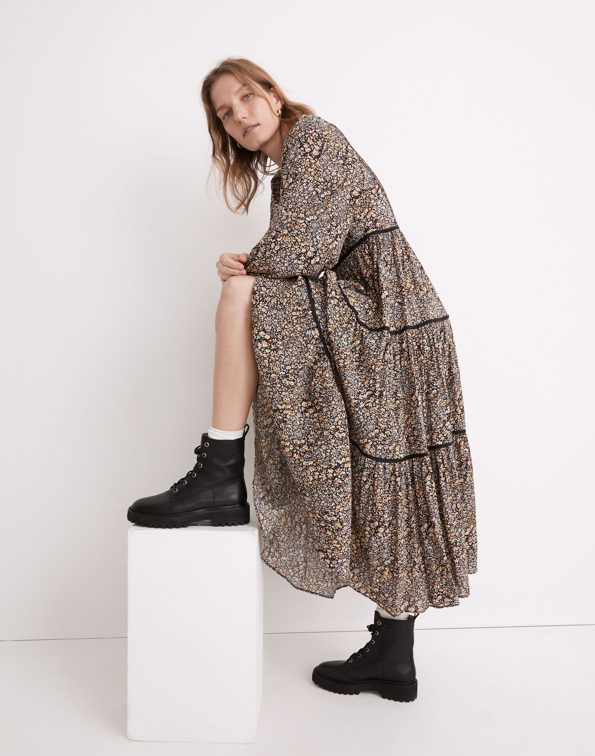 Embroidered Tiered Midi Dress in Cottage Garden