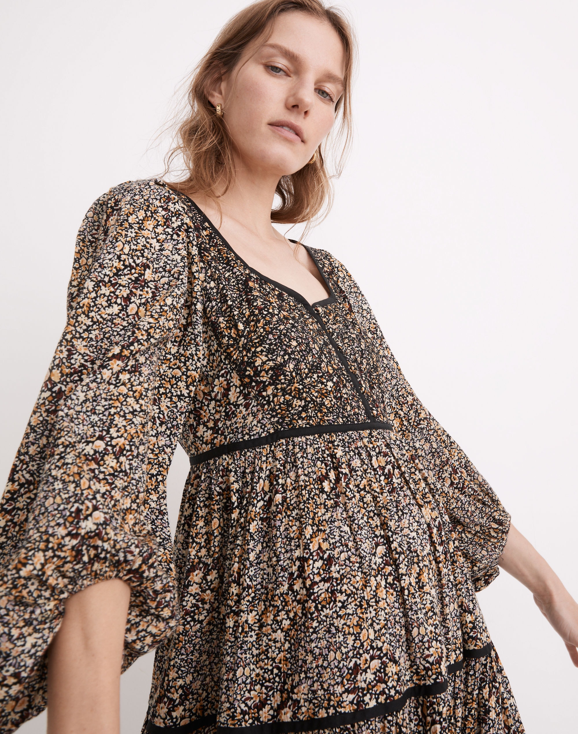 embroidered tiered midi dress in cottage garden
