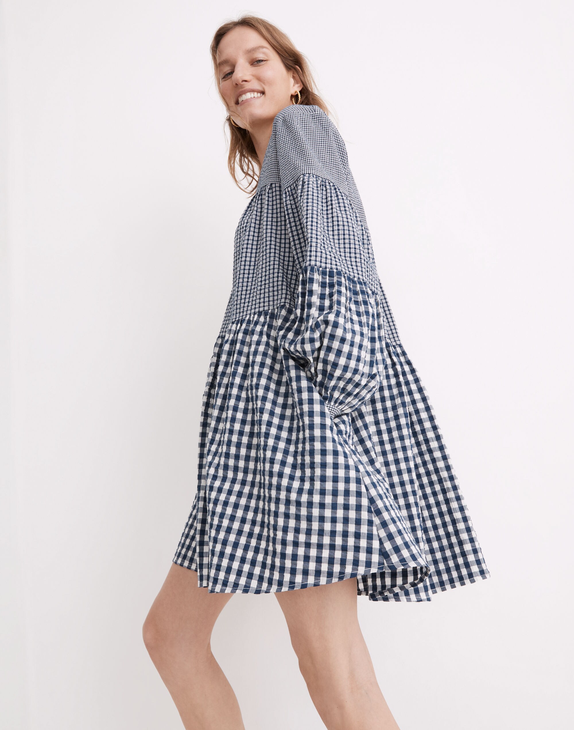 Seersucker V-Neck Mini Dress in Gingham Check