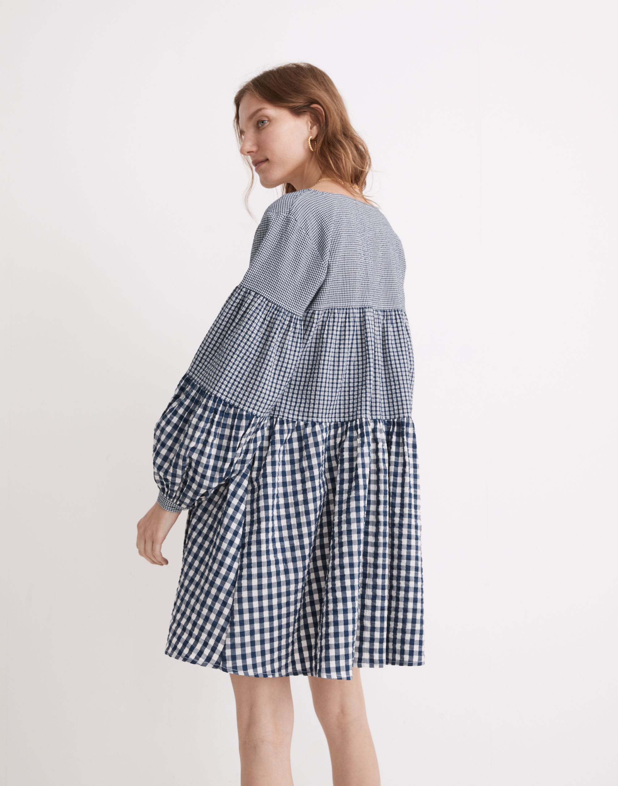 Seersucker V-Neck Mini Dress in Gingham Check