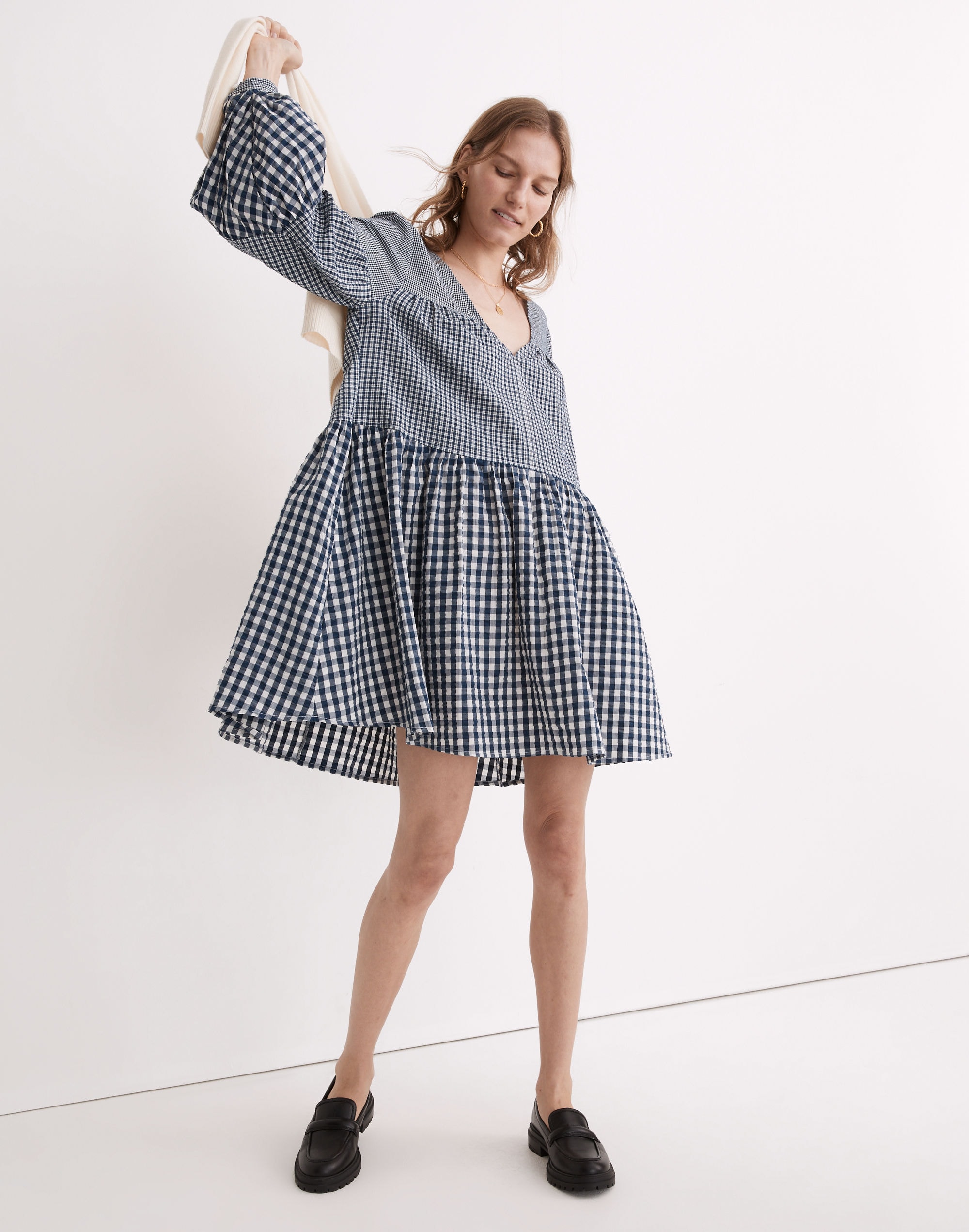 Seersucker V-Neck Mini Dress in Gingham Check