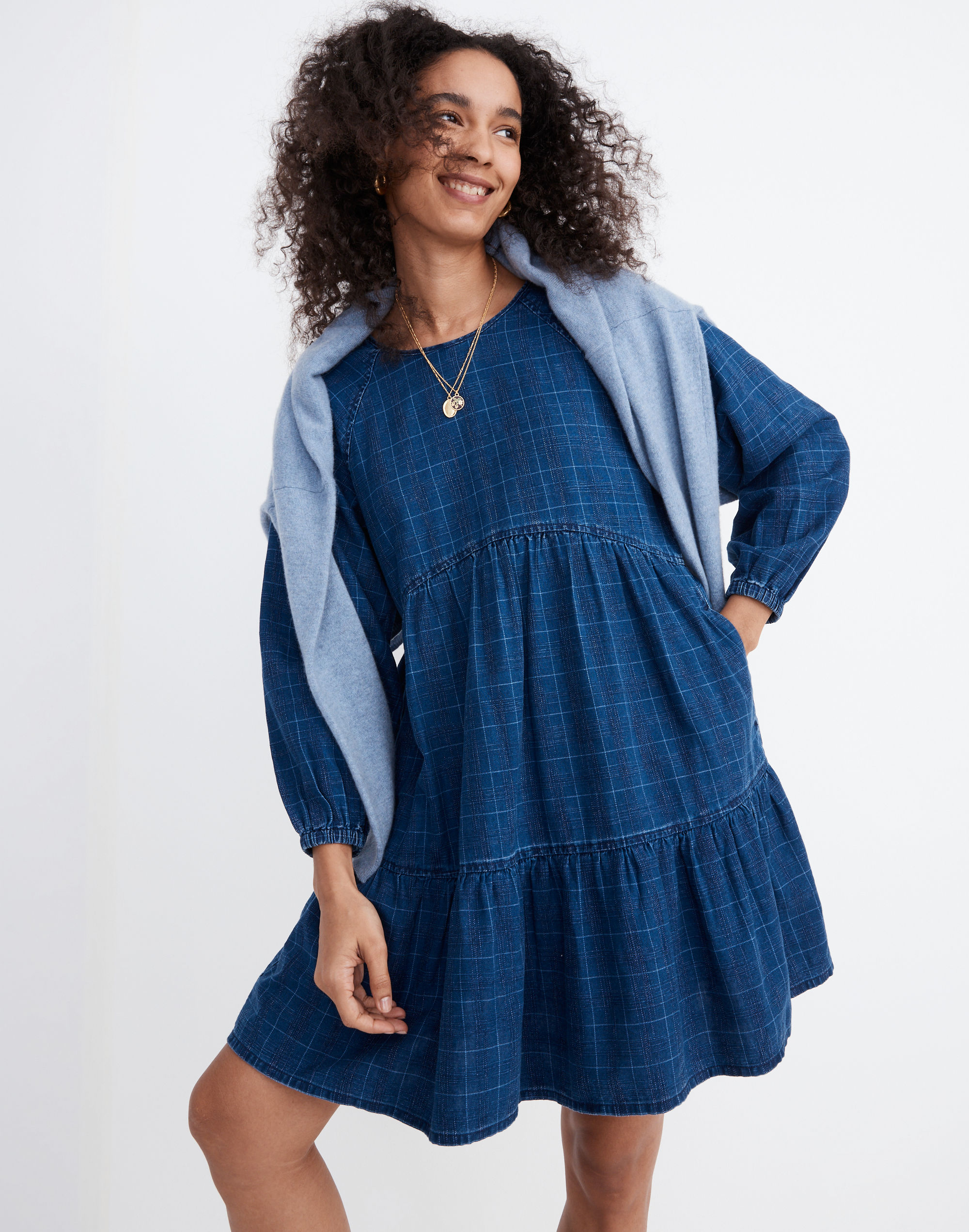 Windowpane Denim Mini Dress in Lunar Wash
