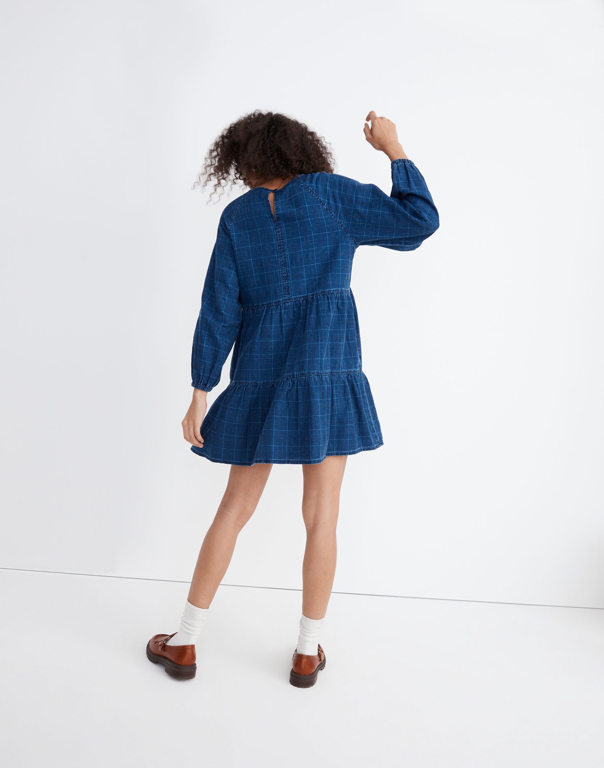 Windowpane Denim Mini Dress in Lunar Wash