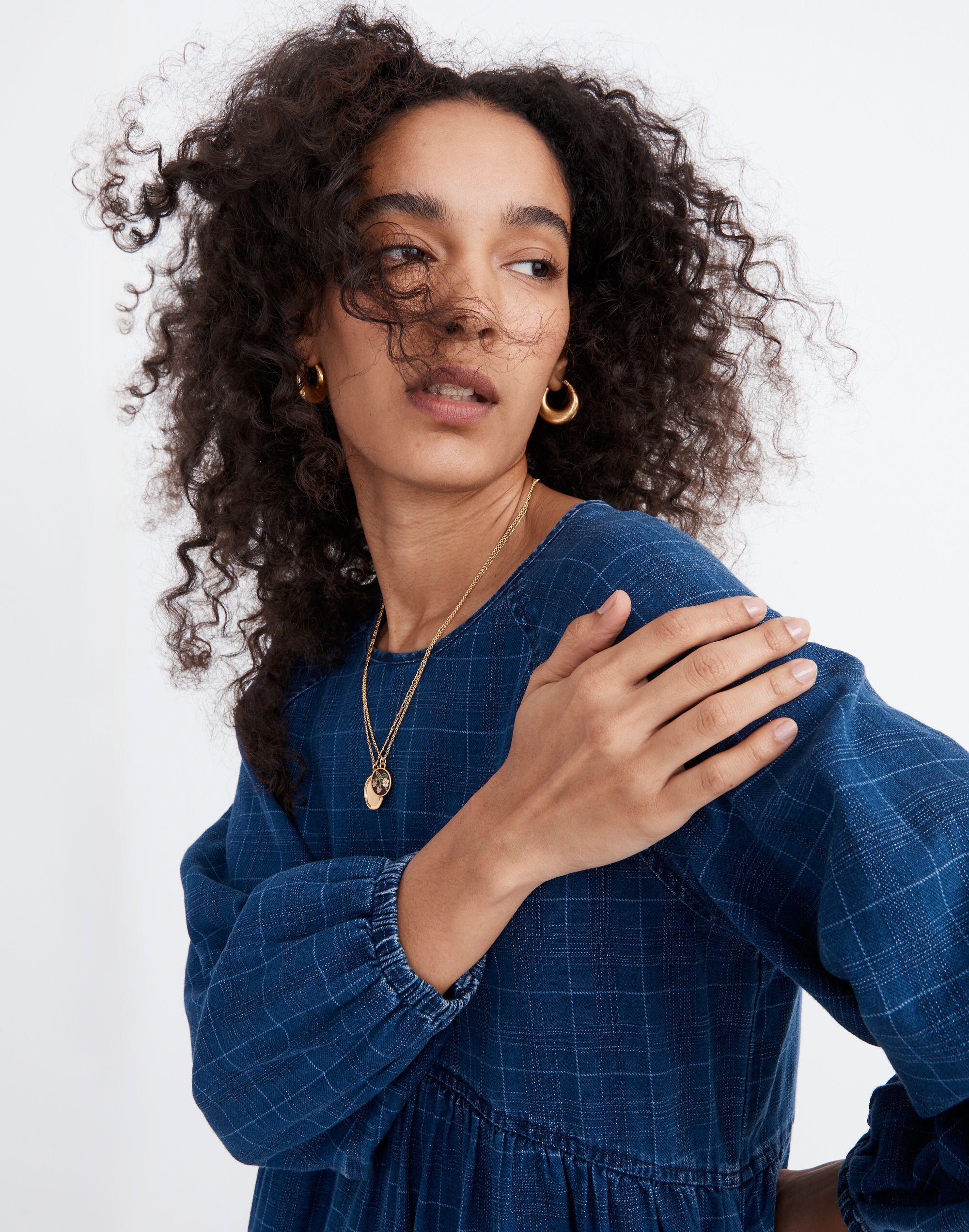 Windowpane Denim Mini Dress in Lunar Wash