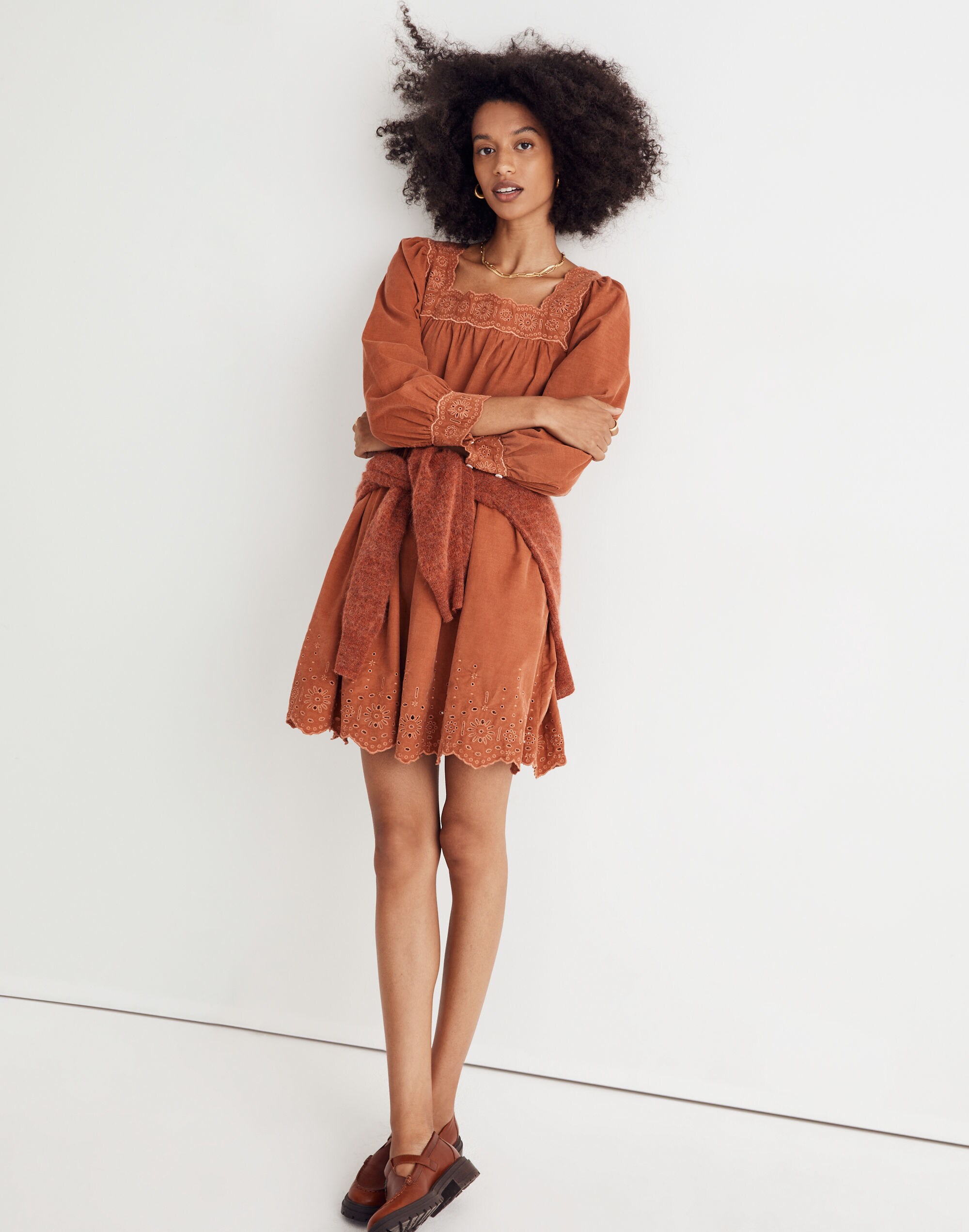 Petite Embroidered Corduroy Square-Neck Mini Dress