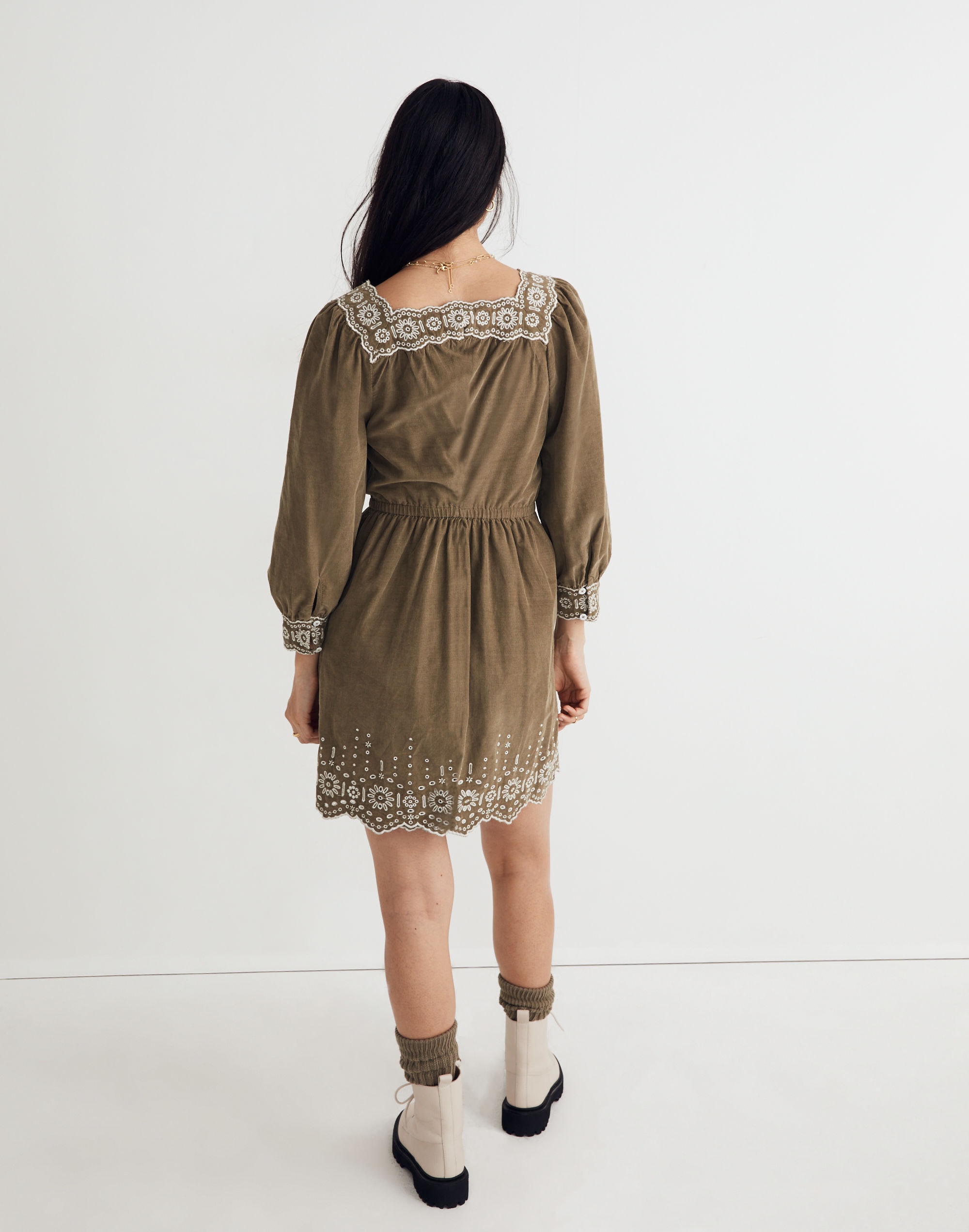 Embroidered Corduroy Square-Neck Mini Dress