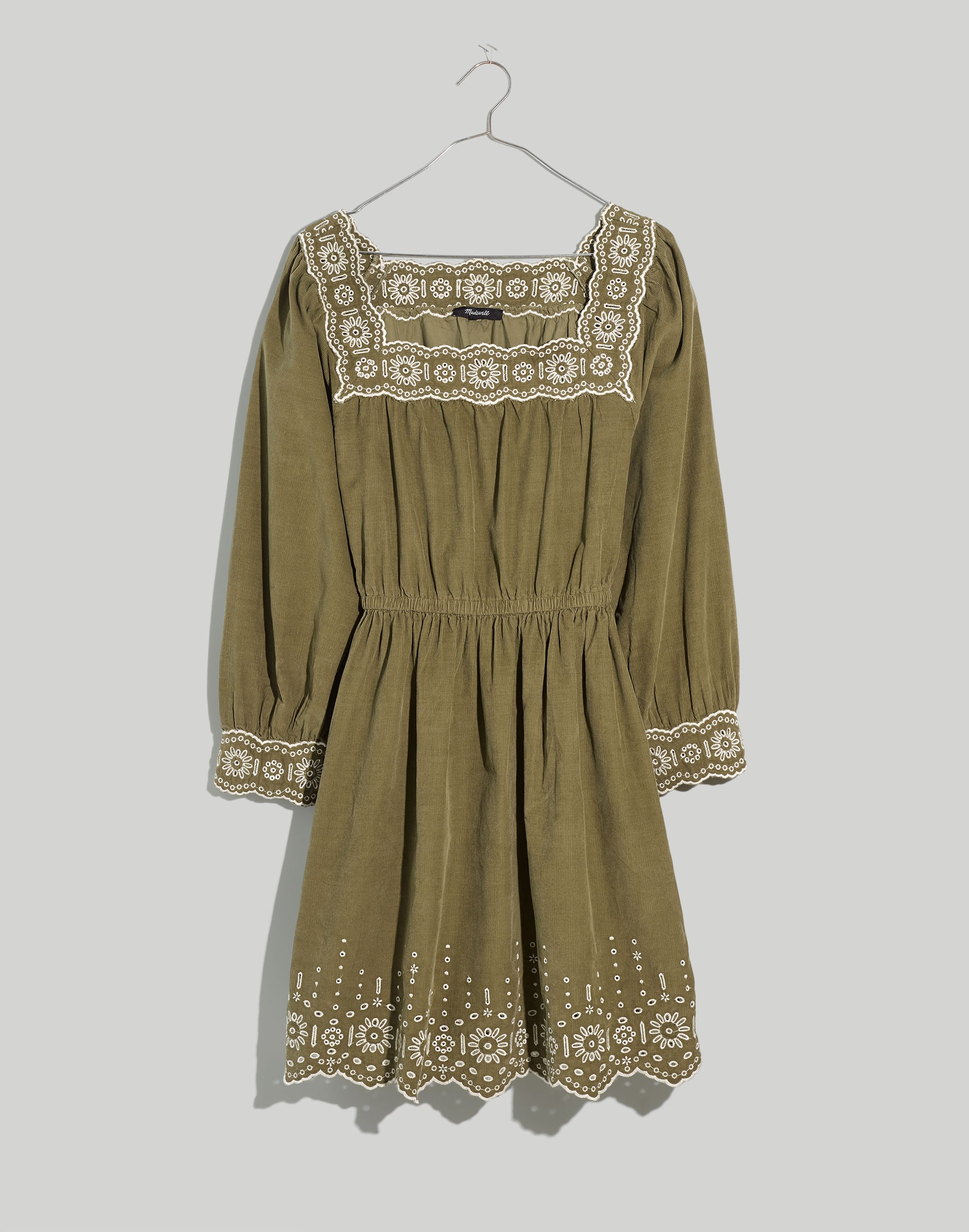 Embroidered Corduroy Square-Neck Mini Dress