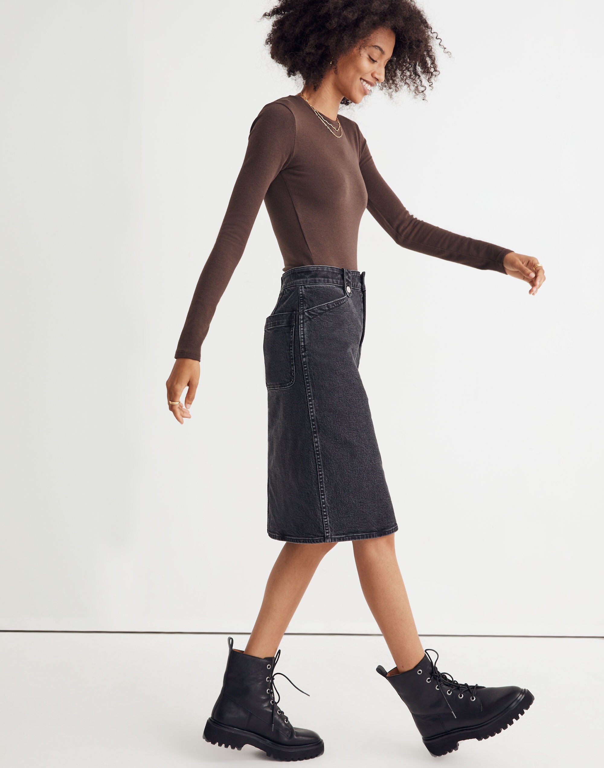Denim High-Waist Straight Midi Skirt in Euston Wash: Workwear Edition