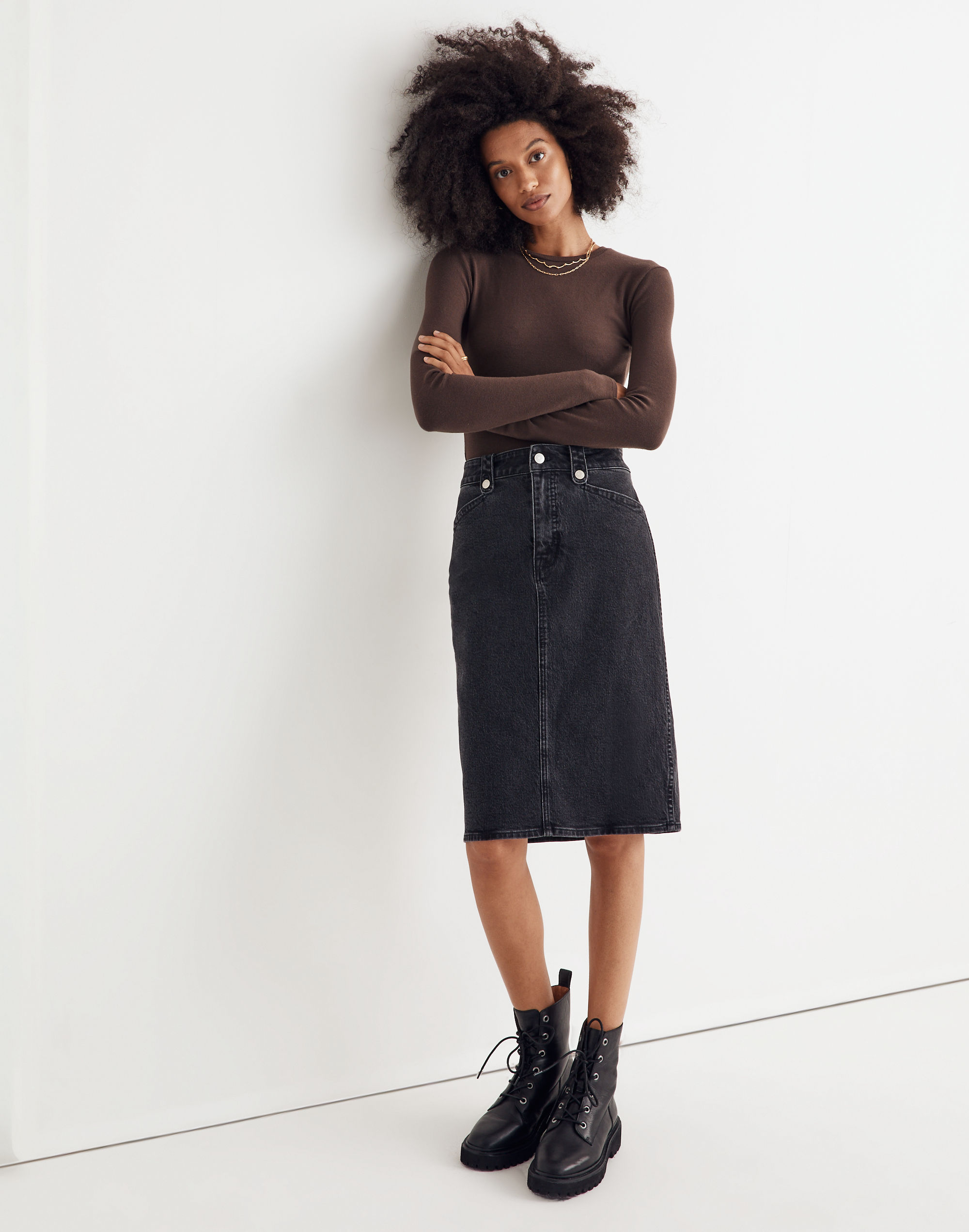 Denim High-Waist Straight Midi Skirt in Euston Wash: Workwear Edition
