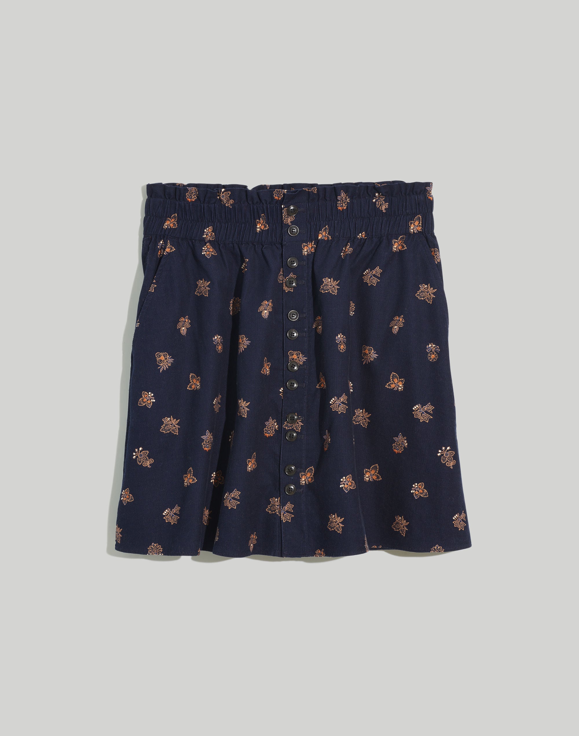 paperbag button-front mini skirt in baby corduroy
