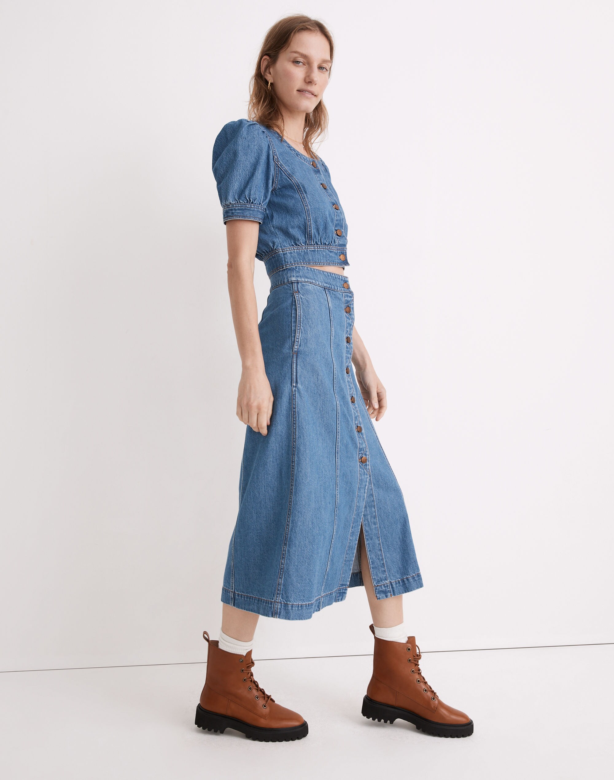 Denim Button-Front A-Line Midi Skirt