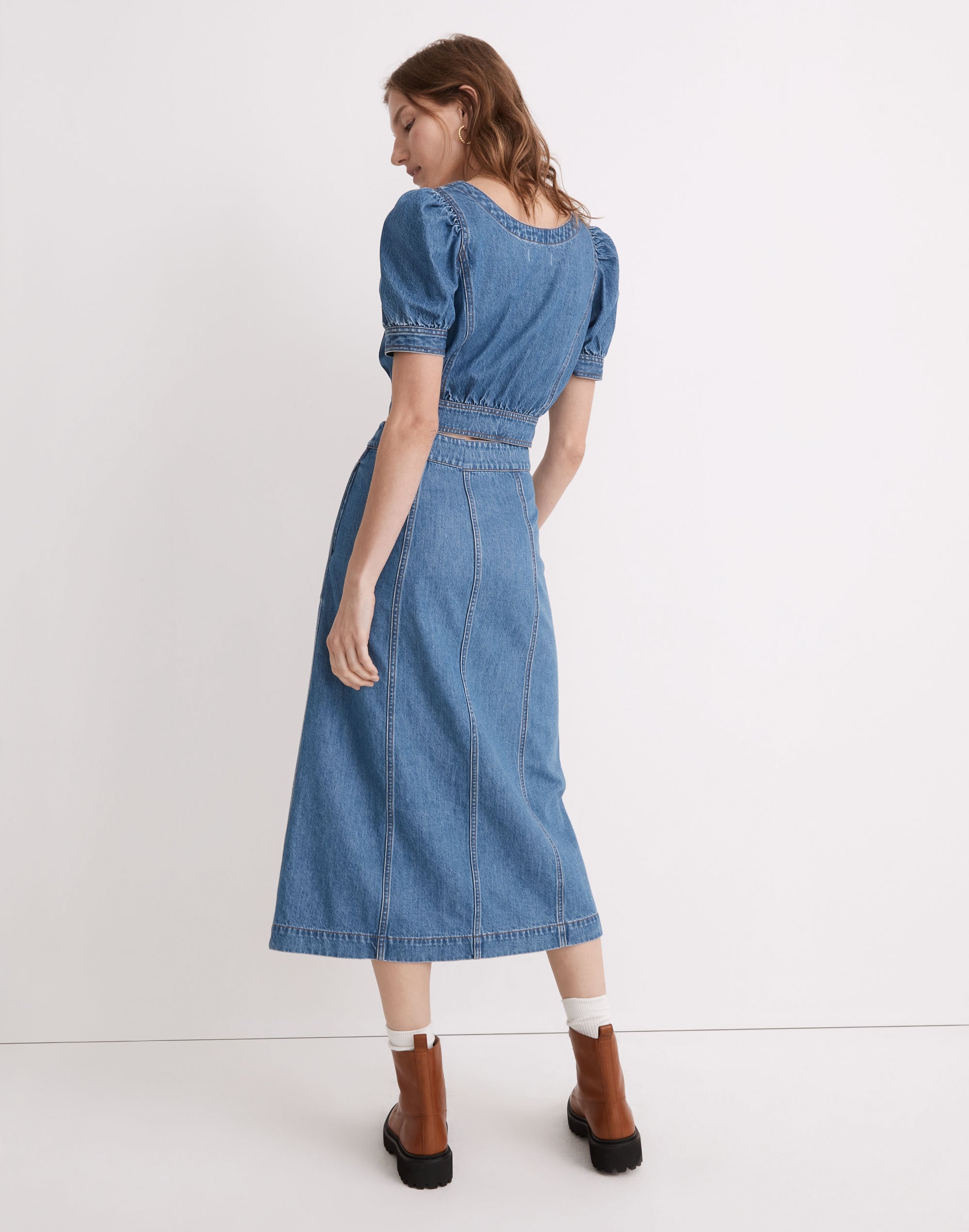 Denim Button-Front A-Line Midi Skirt
