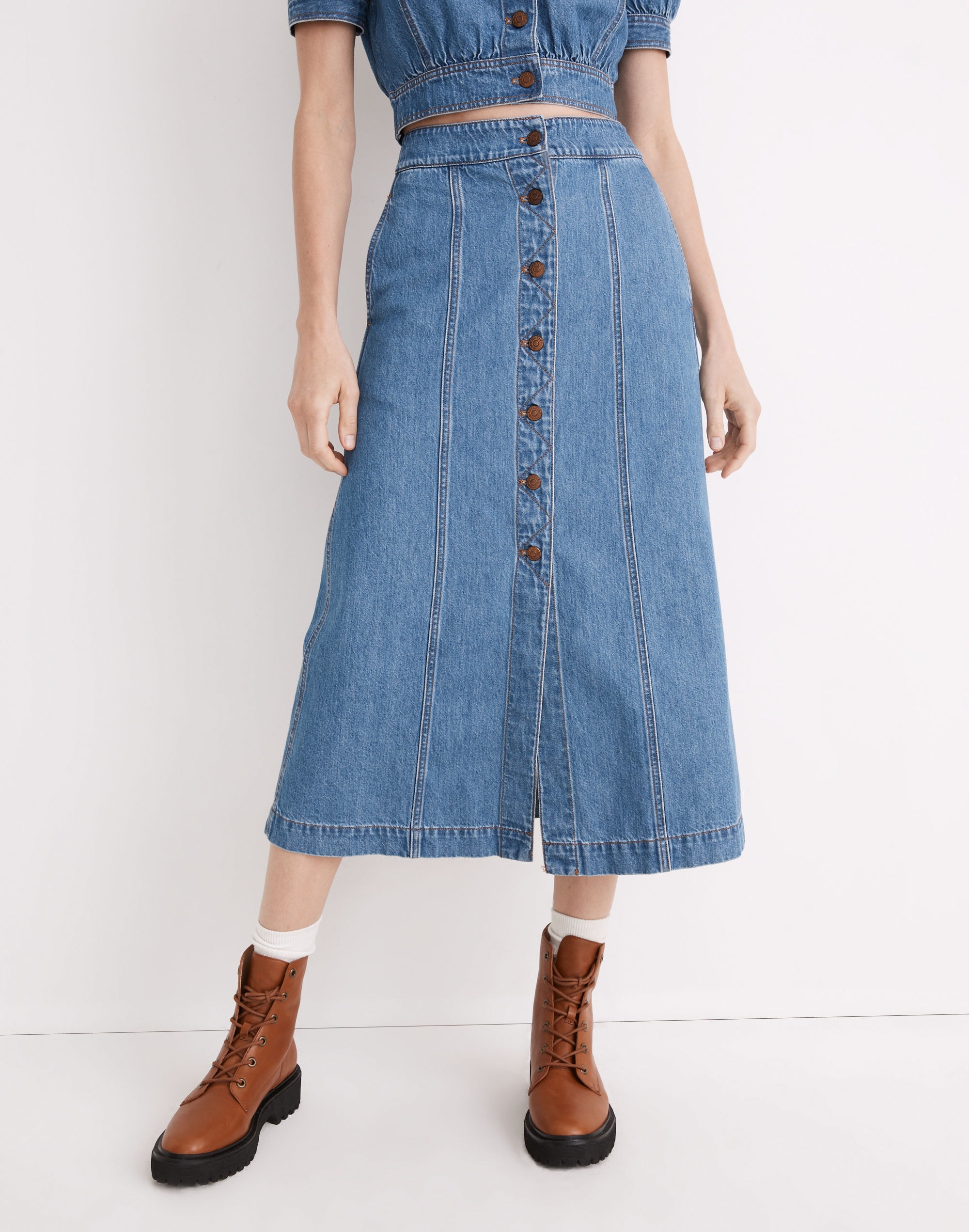 Denim Button-Front A-Line Midi Skirt