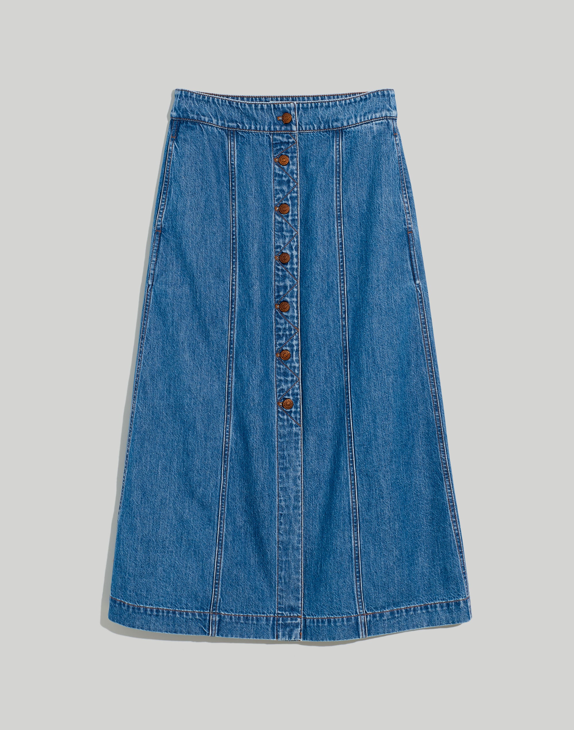 Denim Button-Front A-Line Midi Skirt