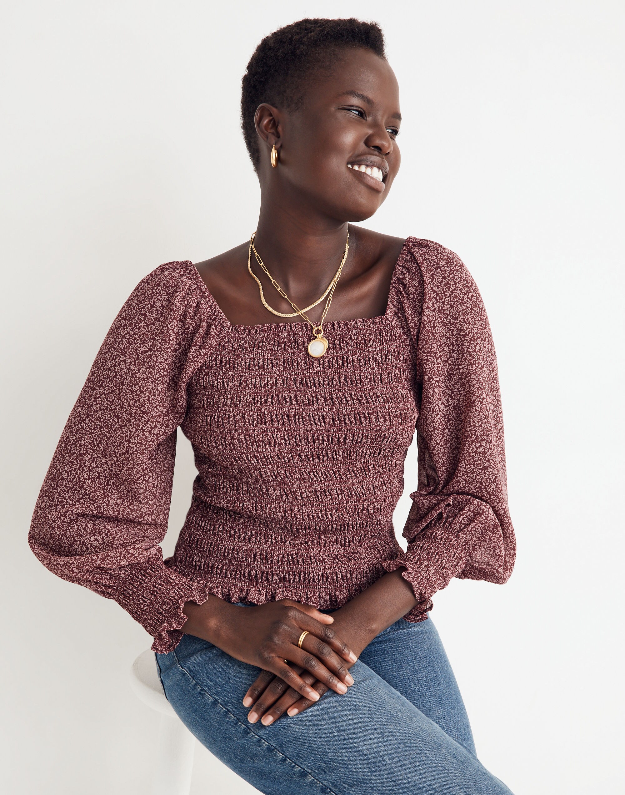 Lucie Bubble-Sleeve Smocked Top in Cottage Garden