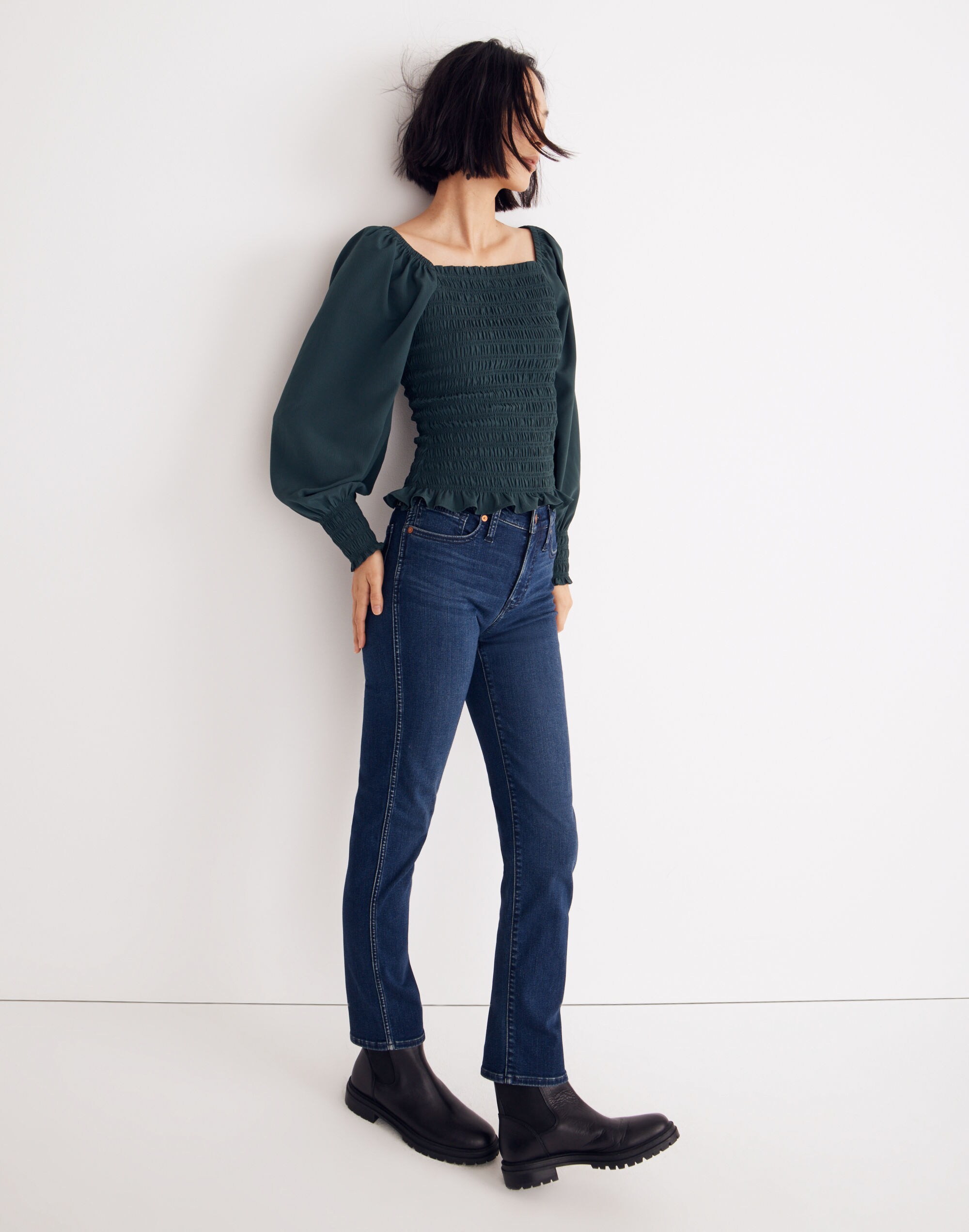 Lucie Bubble-Sleeve Smocked Top