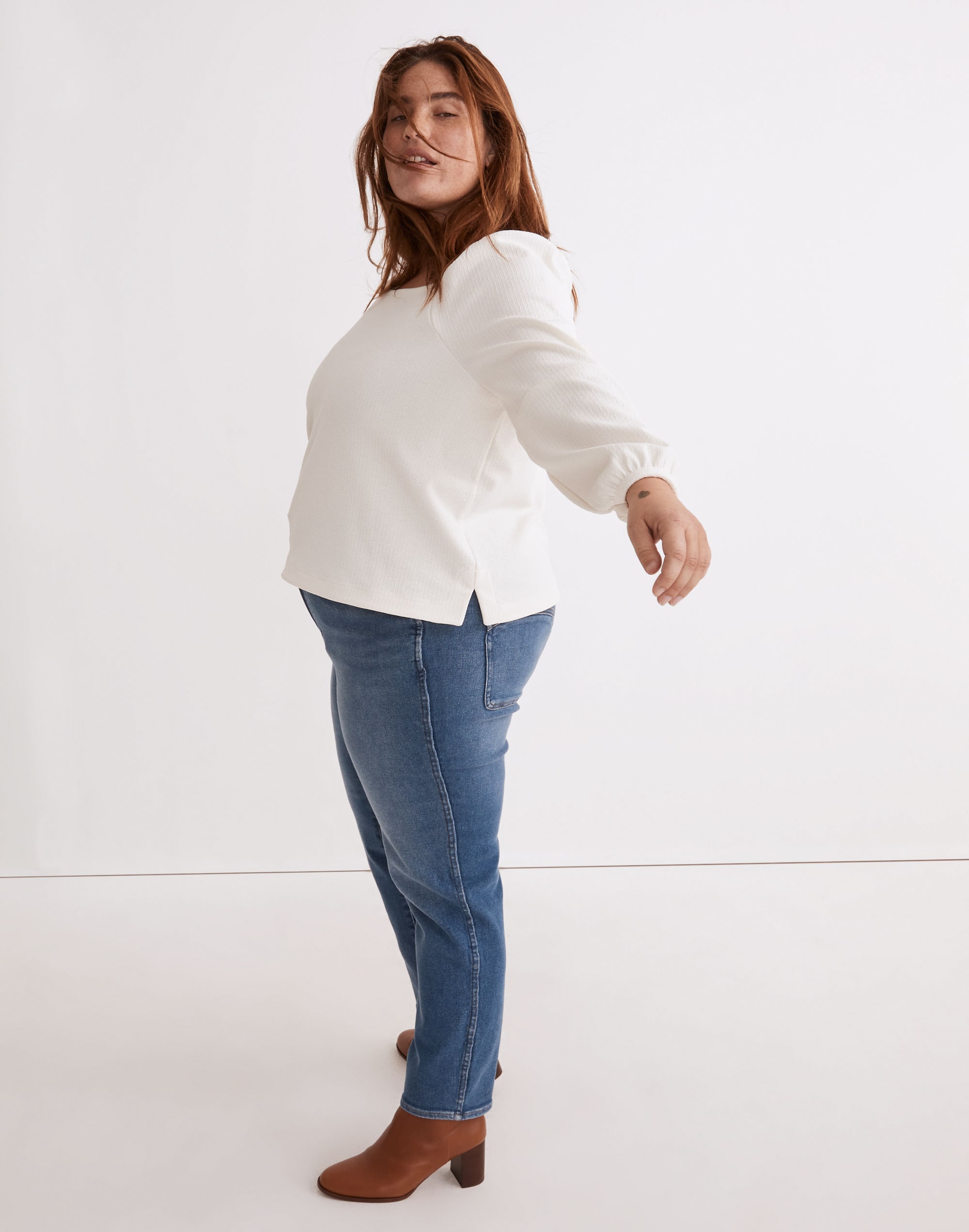 Plus Crepe Square-Neck Puff-Sleeve Top