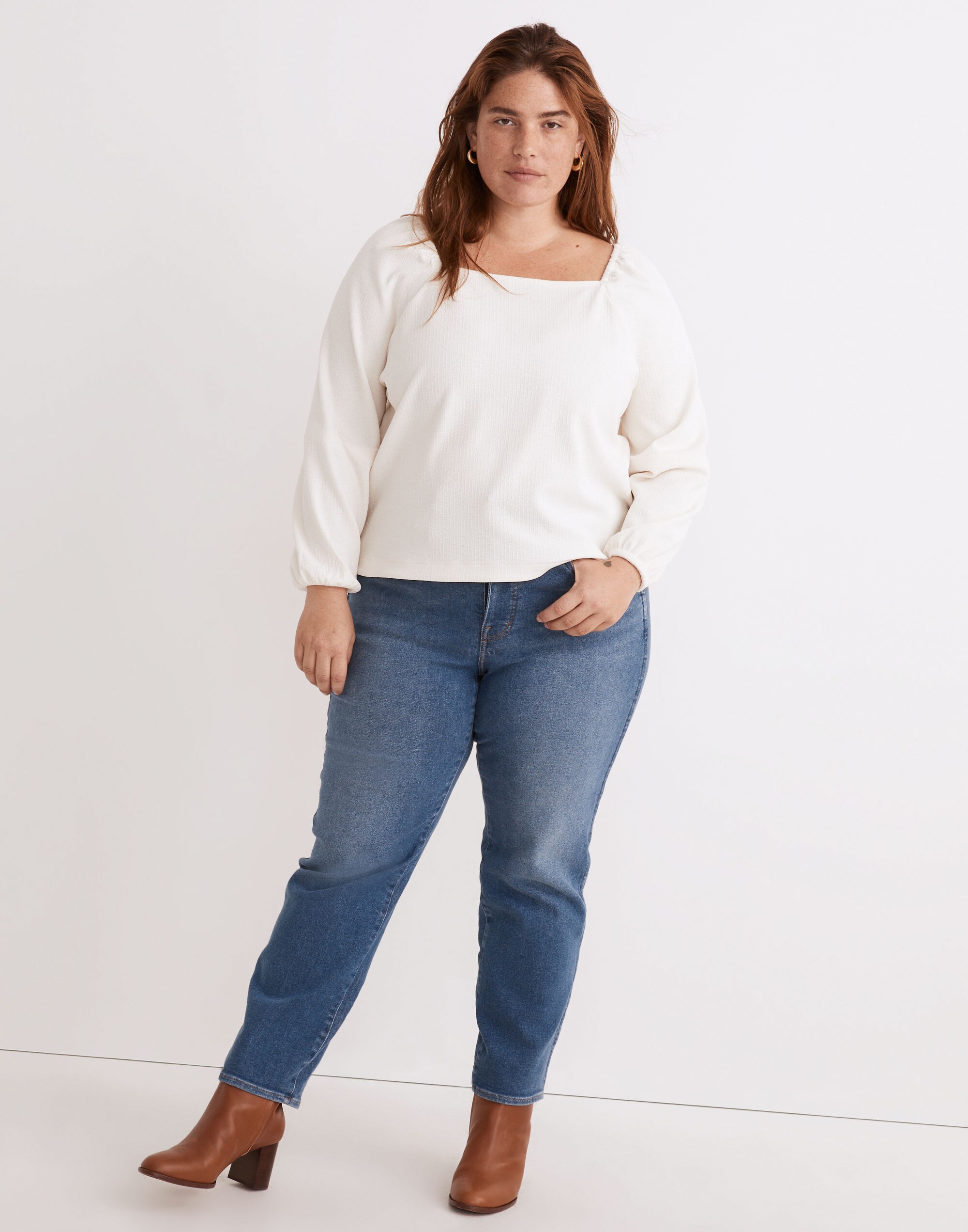 Plus Crepe Square-Neck Puff-Sleeve Top