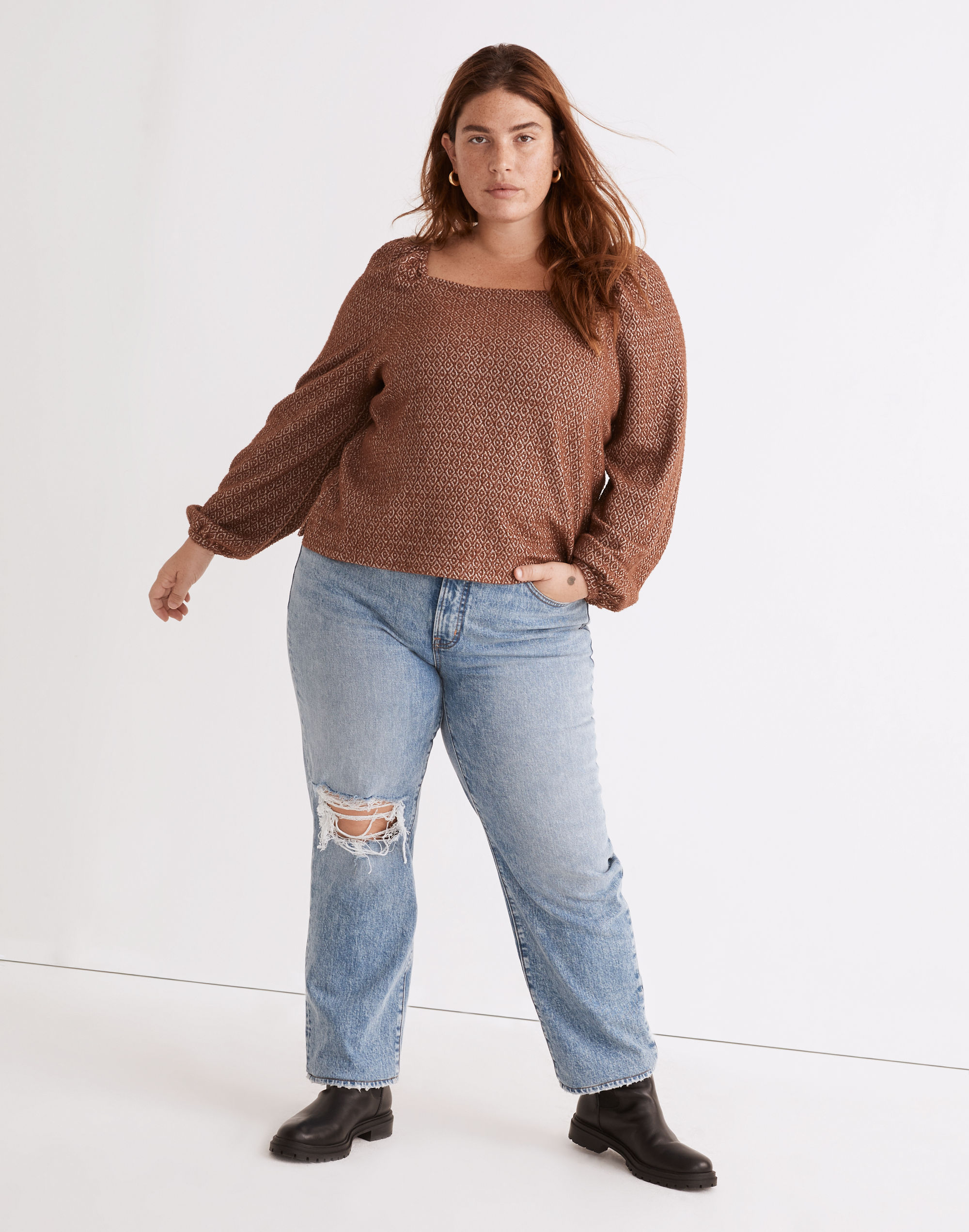 Plus Jacquard Puff-Sleeve Crop Top