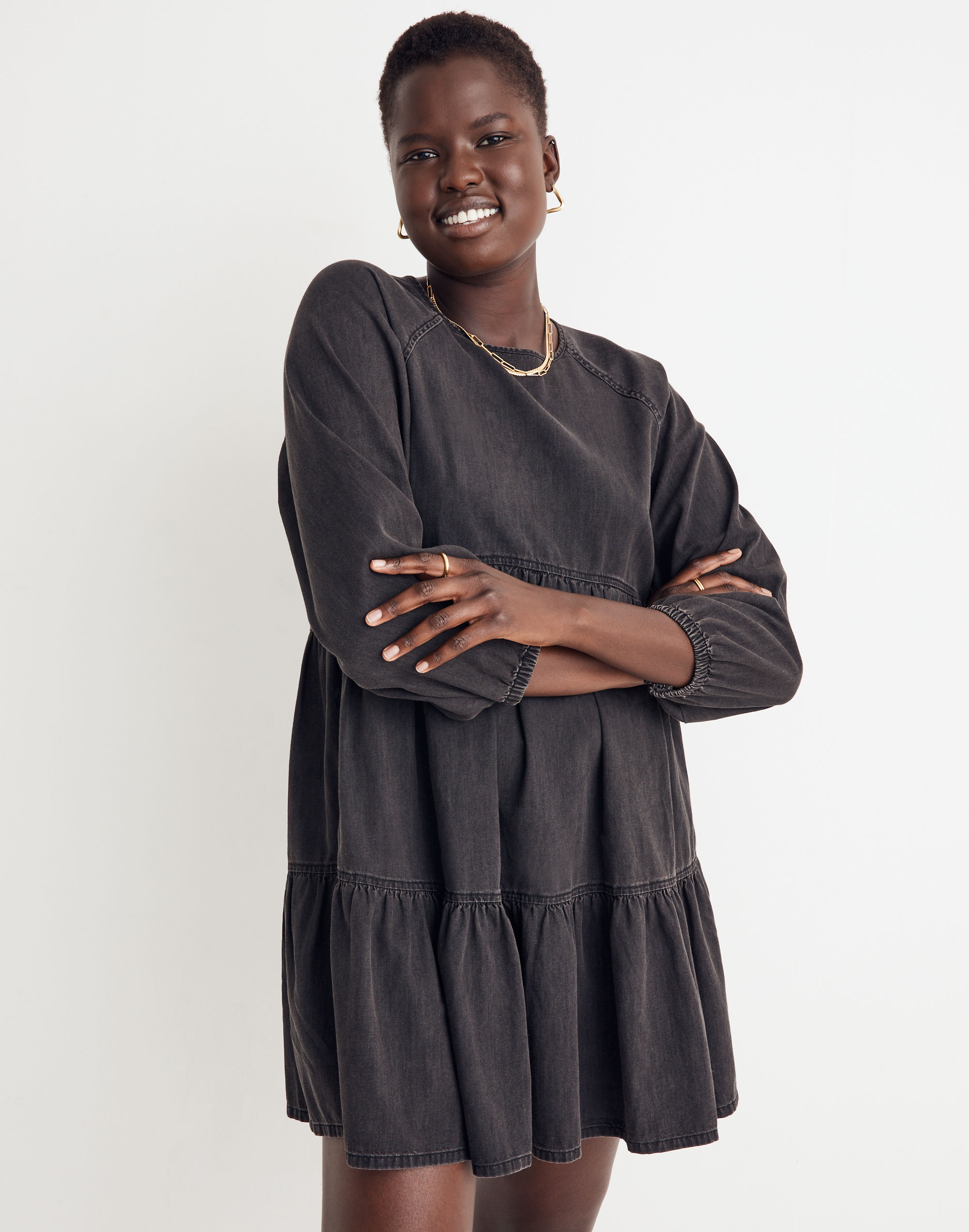 Denim Raglan-Sleeve Mini Dress in Lunar Wash