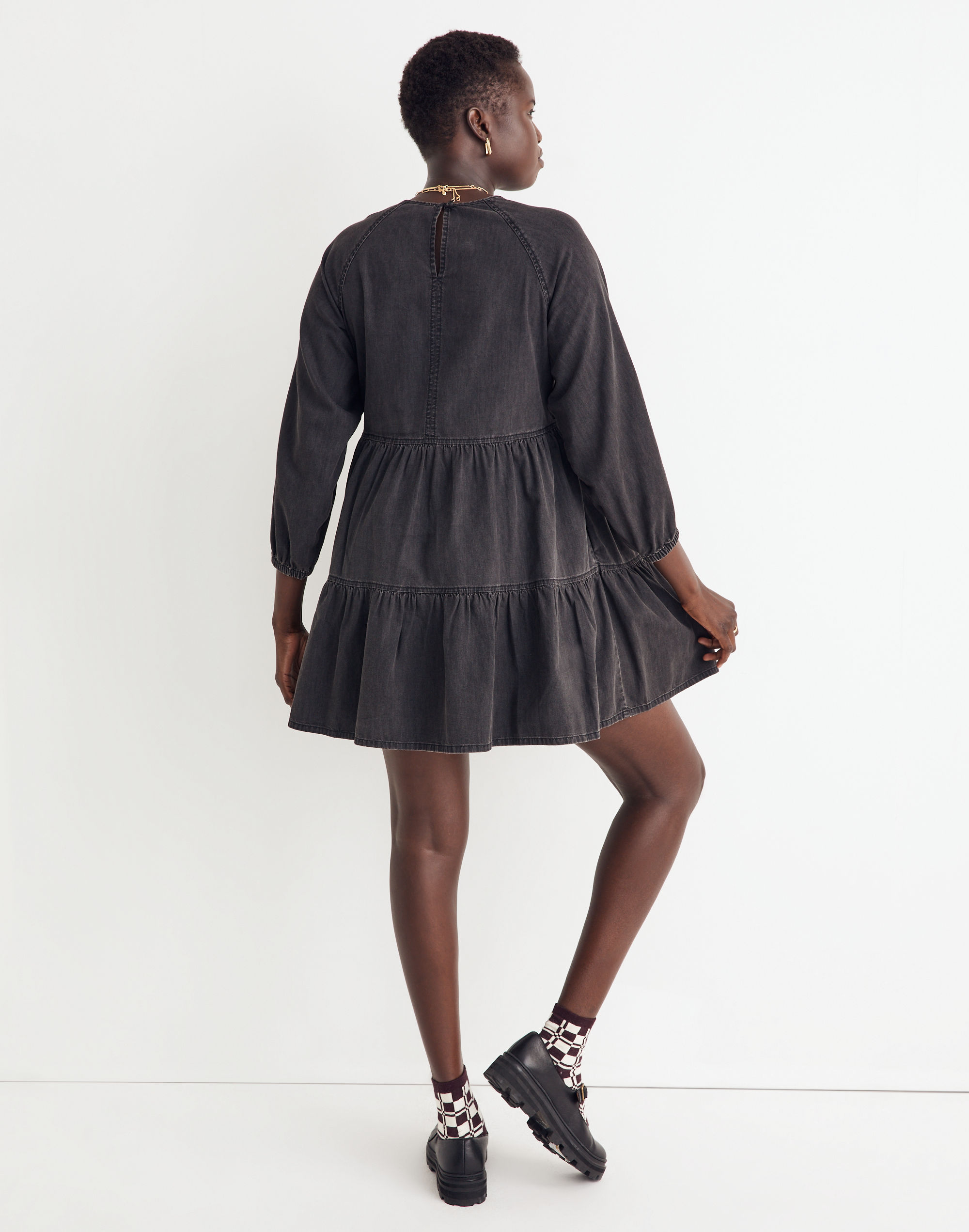 Denim Raglan-Sleeve Mini Dress in Lunar Wash