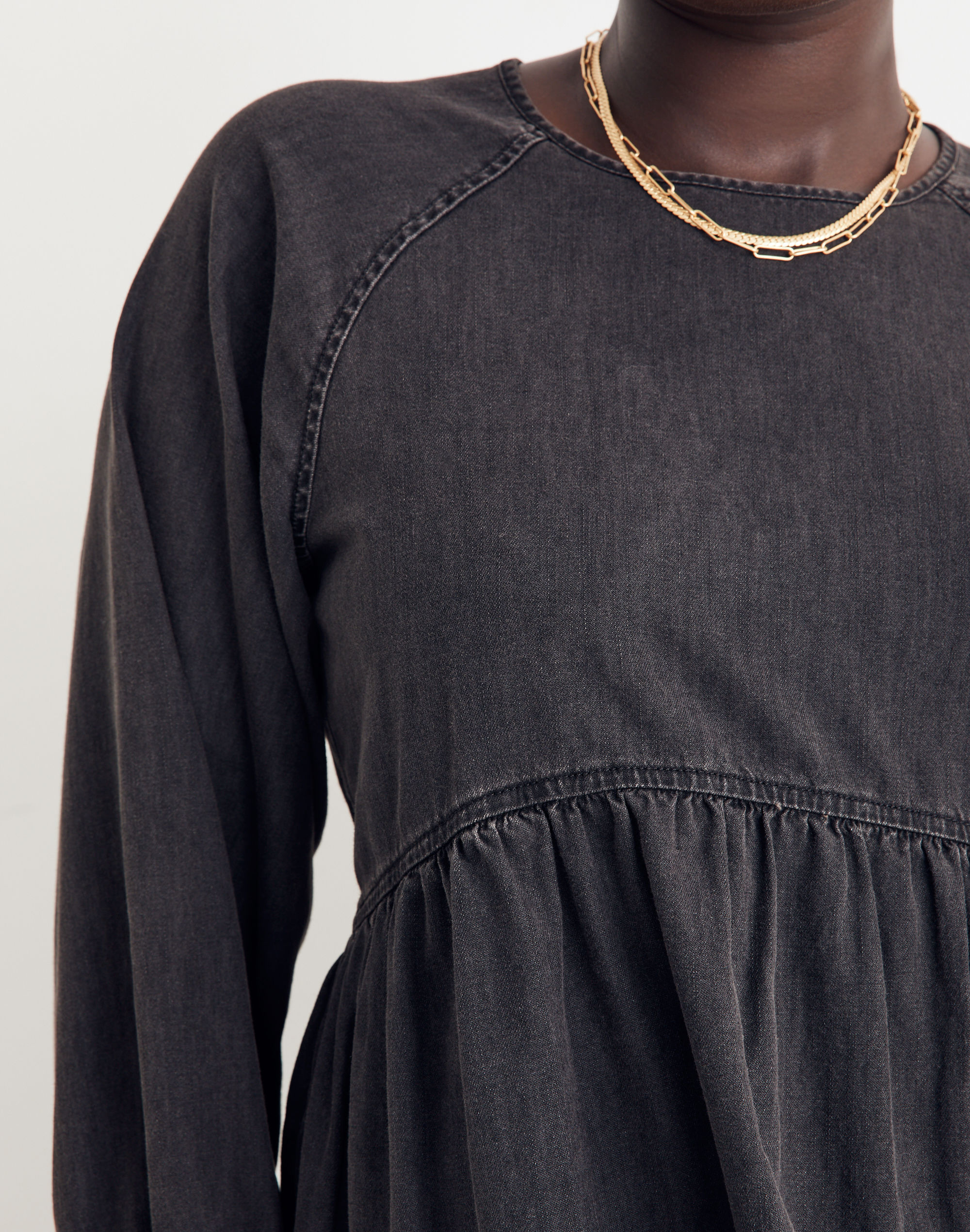 Denim Raglan-Sleeve Mini Dress in Lunar Wash